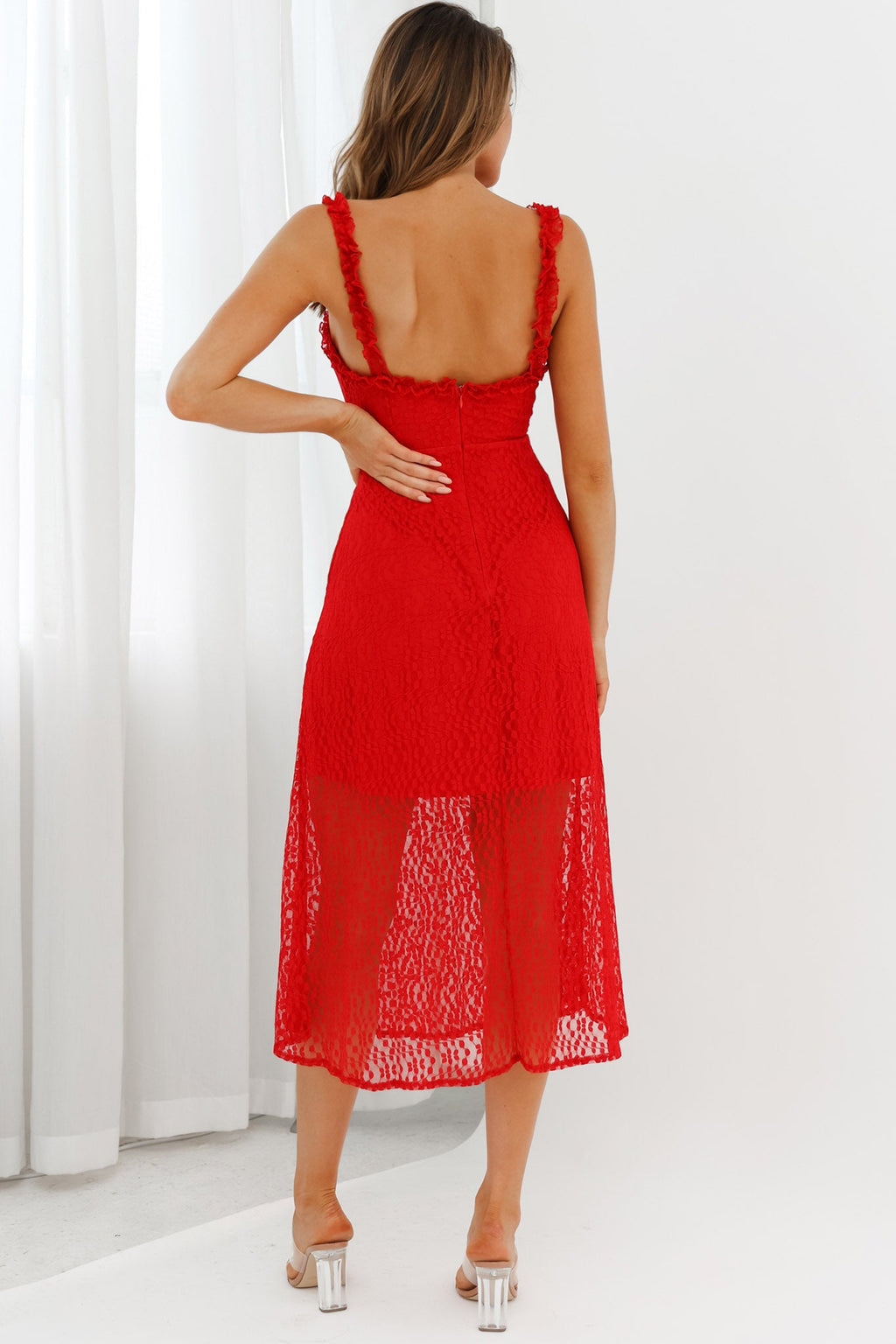 Isadora Mesh Overlay Frill Trim Neckline Midi Dress Red by Selfie Leslie