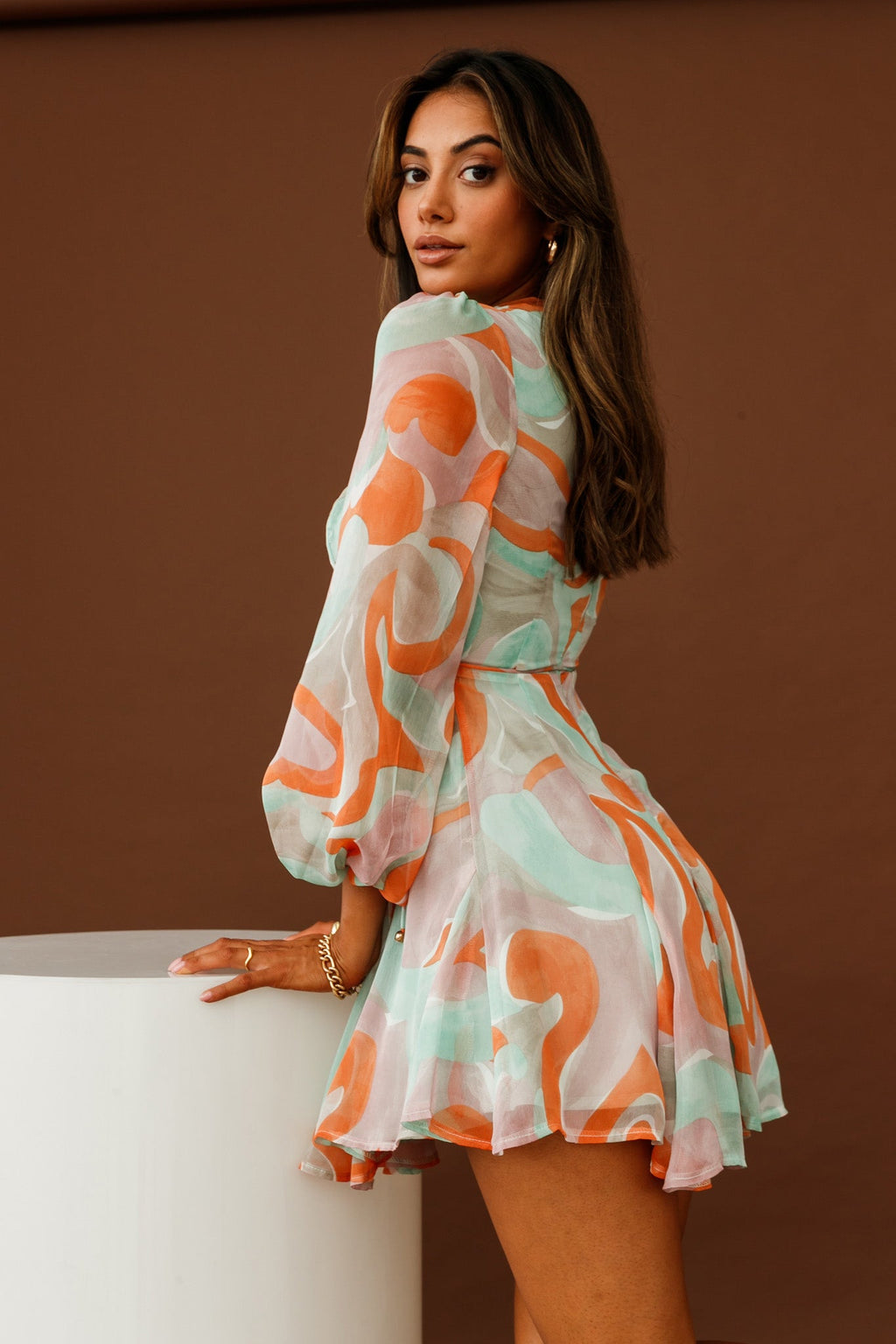 Estelle Long Sleeve V-Neckline Dress Swirl Print Orange/Mint by Selfie Leslie