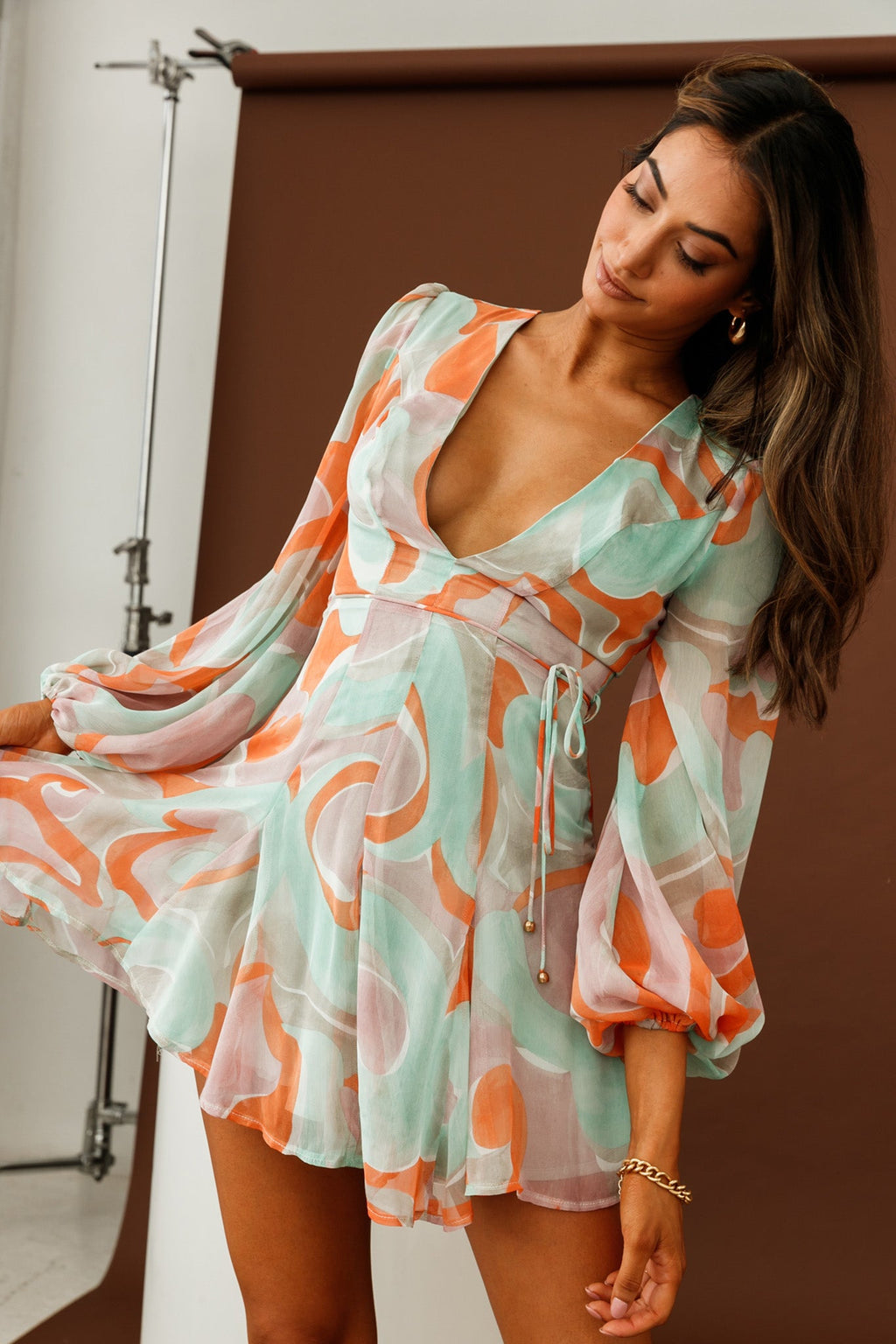 Estelle Long Sleeve V-Neckline Dress Swirl Print Orange/Mint by Selfie Leslie