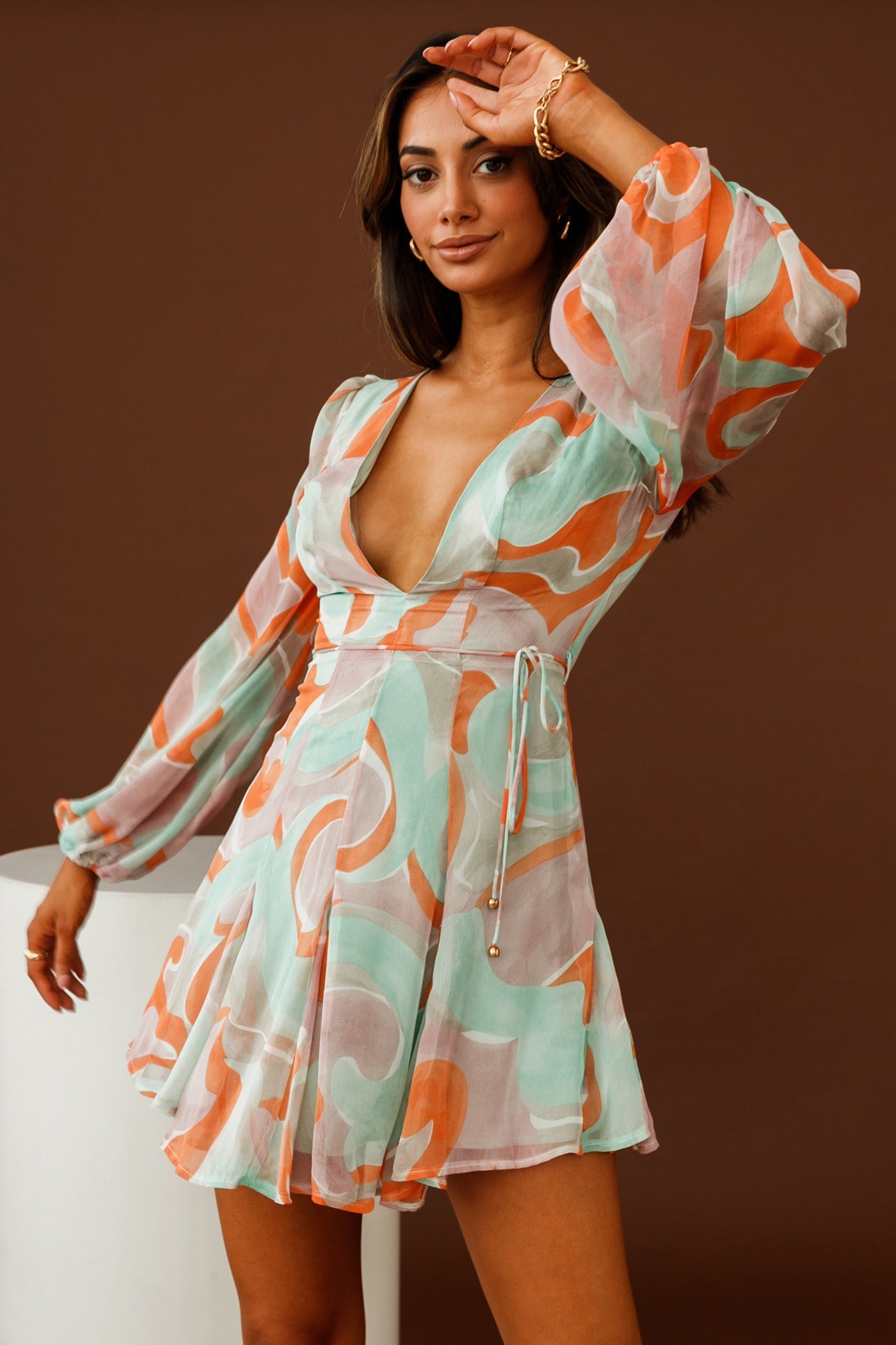 Estelle Long Sleeve V-Neckline Dress Swirl Print Orange/Mint by Selfie Leslie