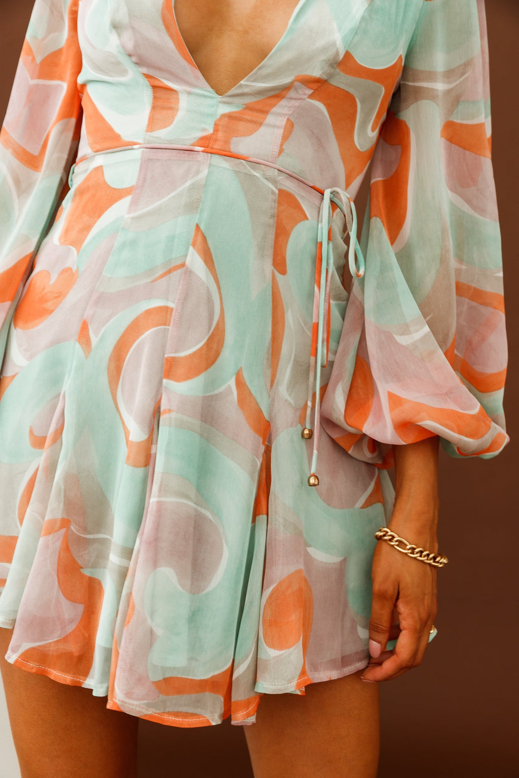 Estelle Long Sleeve V-Neckline Dress Swirl Print Orange/Mint by Selfie Leslie