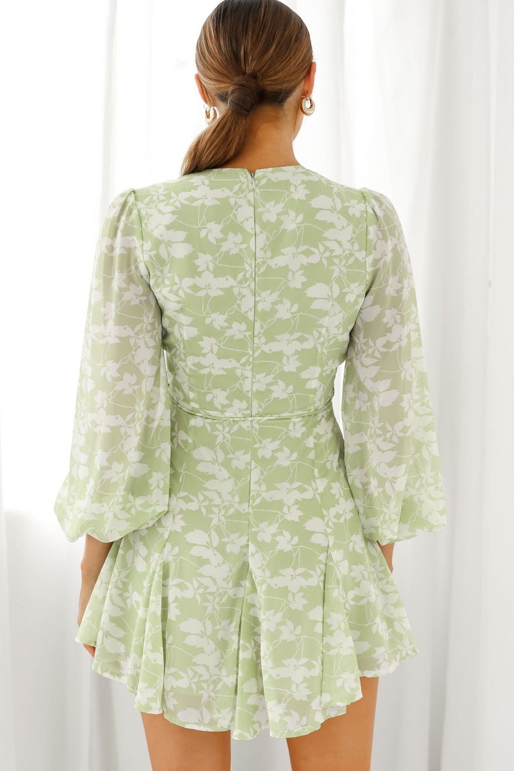 Estelle Long Sleeve V-Neckline Dress Leaf Print Olive by Selfie Leslie