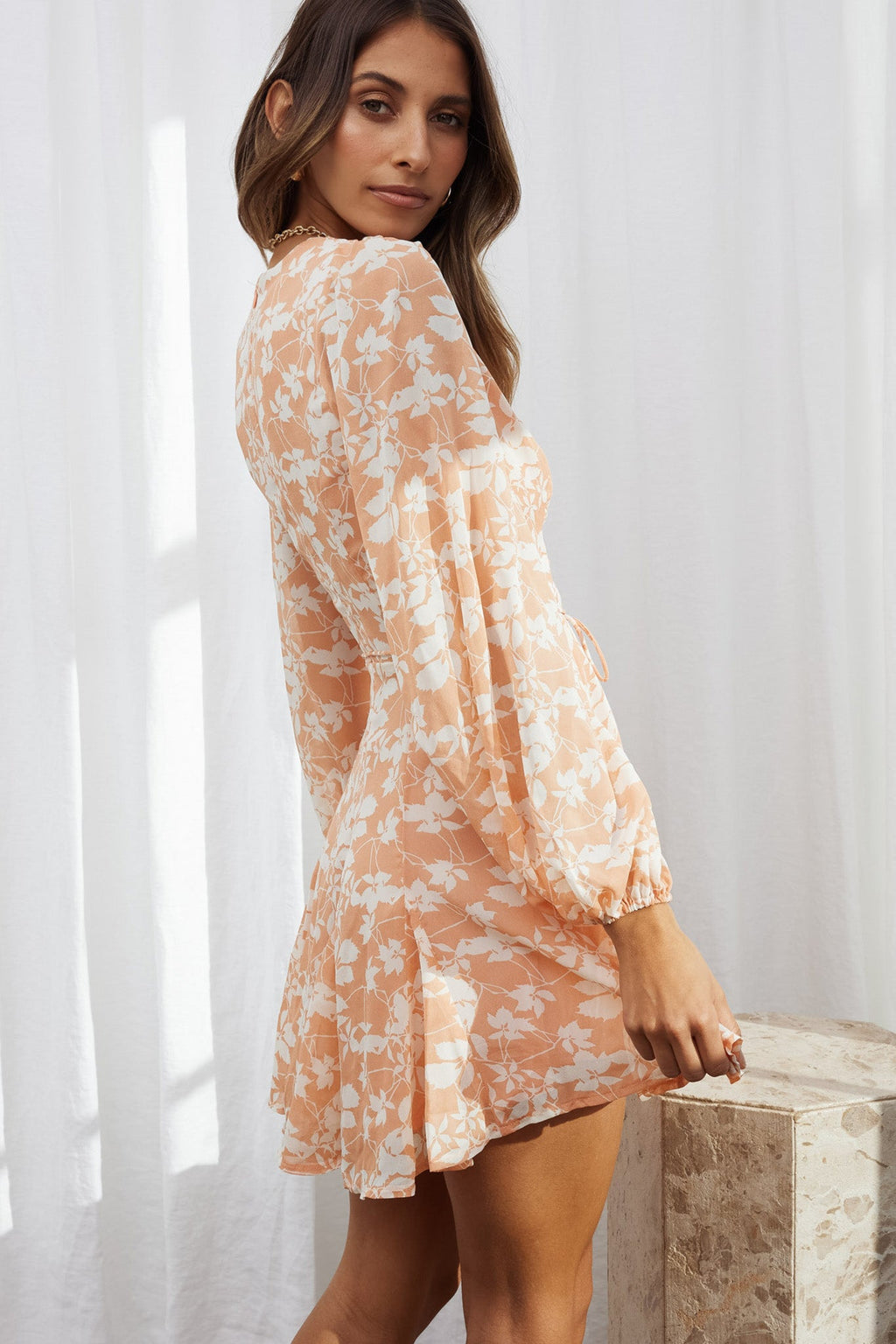 Estelle Long Sleeve V-Neckline Dress Leaf Print Rose by Selfie Leslie