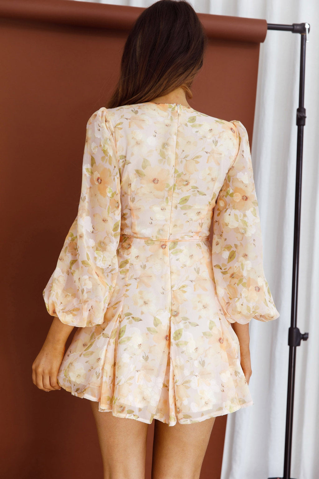 Estelle Long Sleeve V-Neckline Dress Watercolor Floral Print Peach by Selfie Leslie