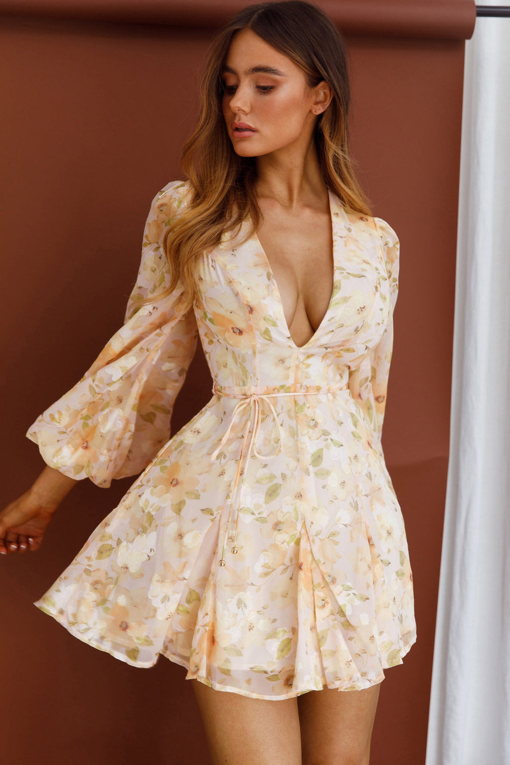 Estelle Long Sleeve V-Neckline Dress Watercolor Floral Print Peach by Selfie Leslie