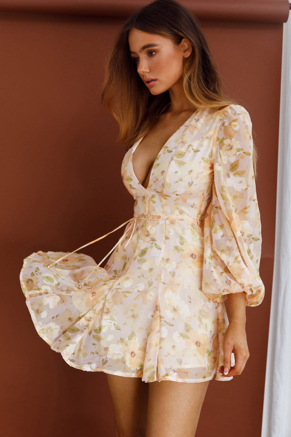 Estelle Long Sleeve V-Neckline Dress Watercolor Floral Print Peach by Selfie Leslie