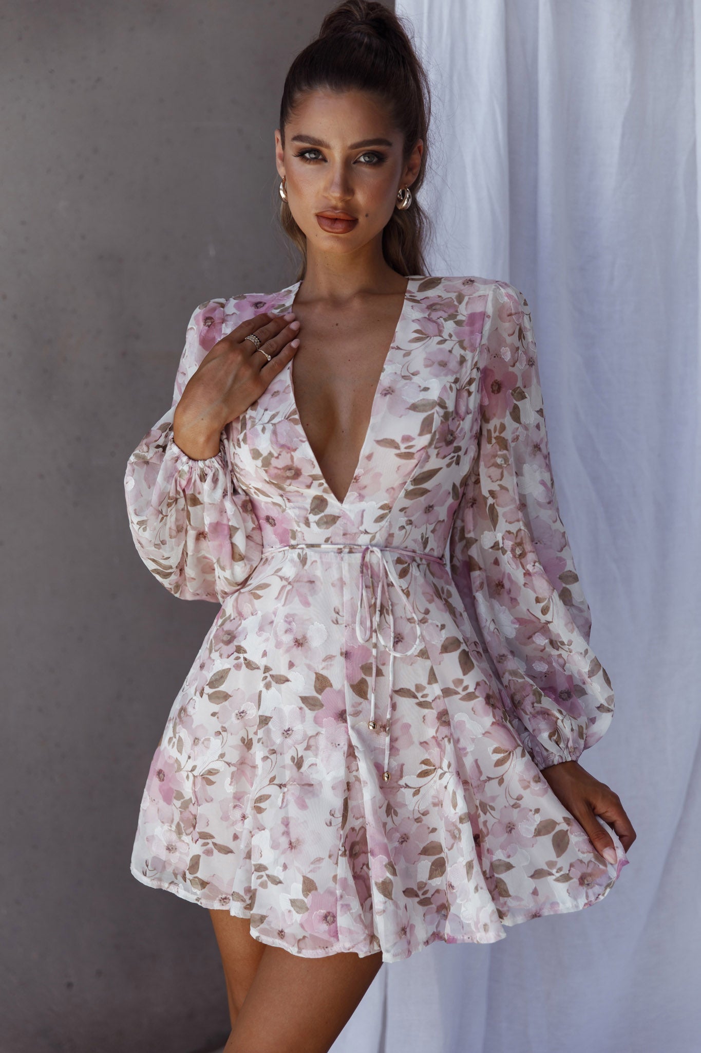 Estelle Long Sleeve V-Neckline Dress Watercolor Floral Print Rose by Selfie Leslie