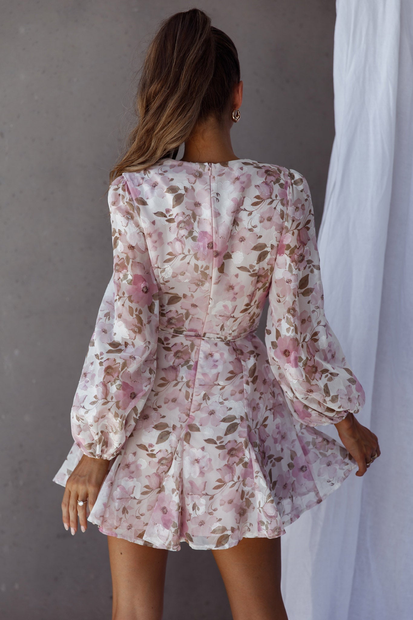 Estelle Long Sleeve V-Neckline Dress Watercolor Floral Print Rose by Selfie Leslie