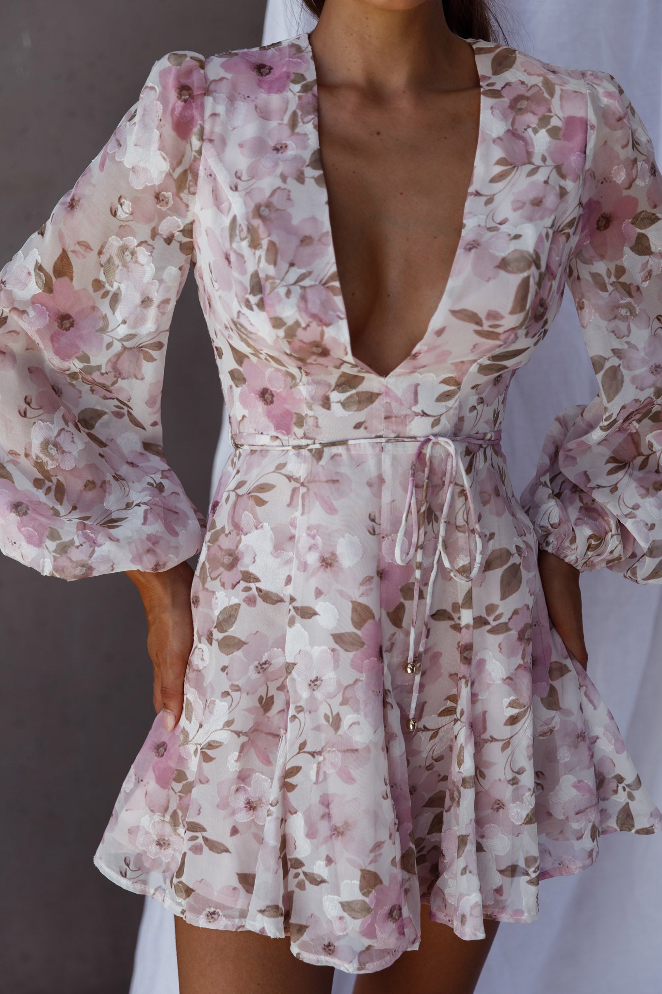 Estelle Long Sleeve V-Neckline Dress Watercolor Floral Print Rose by Selfie Leslie