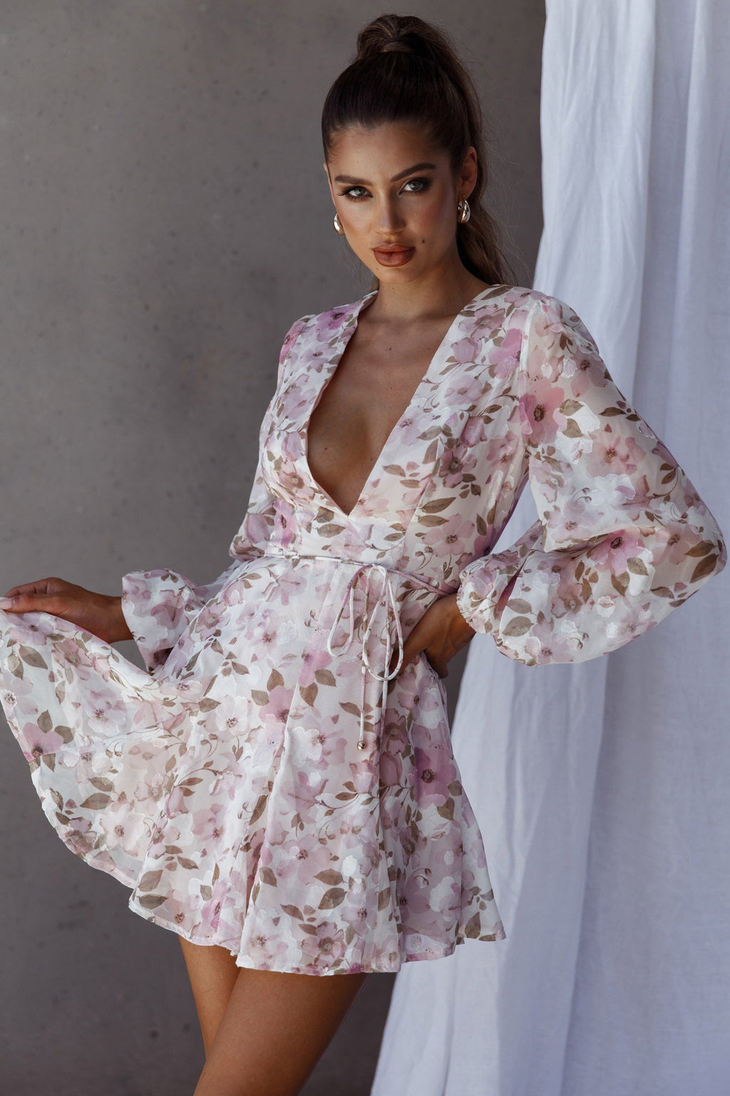 Estelle Long Sleeve V-Neckline Dress Watercolor Floral Print Rose by Selfie Leslie