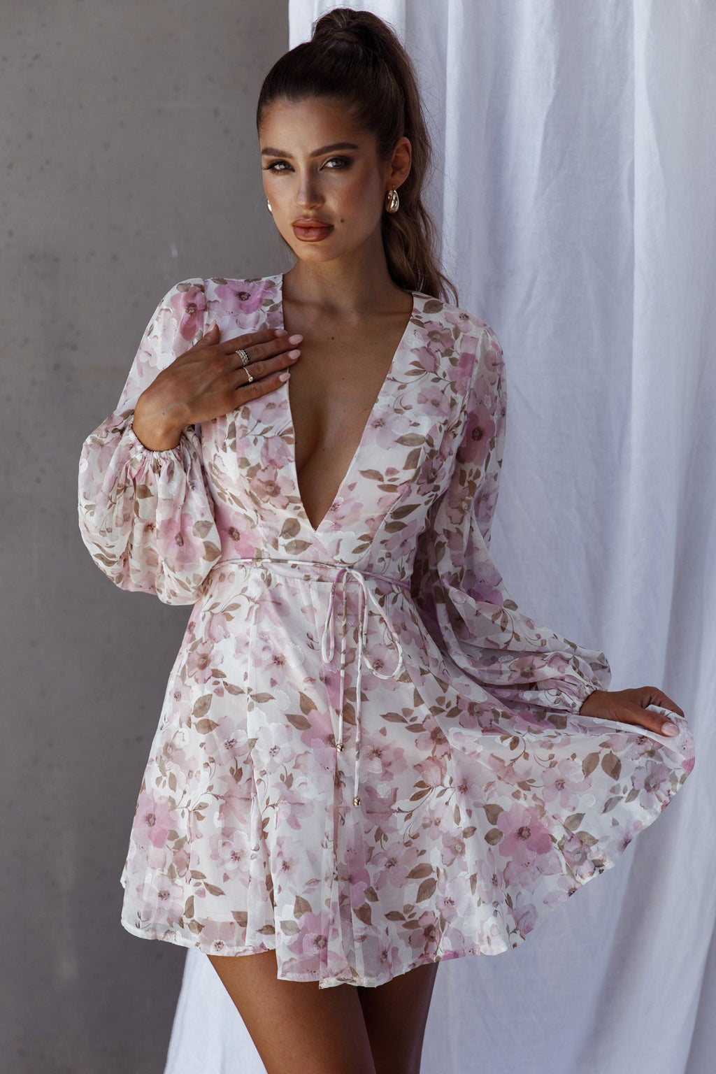 Estelle Long Sleeve V-Neckline Dress Watercolor Floral Print Rose by Selfie Leslie