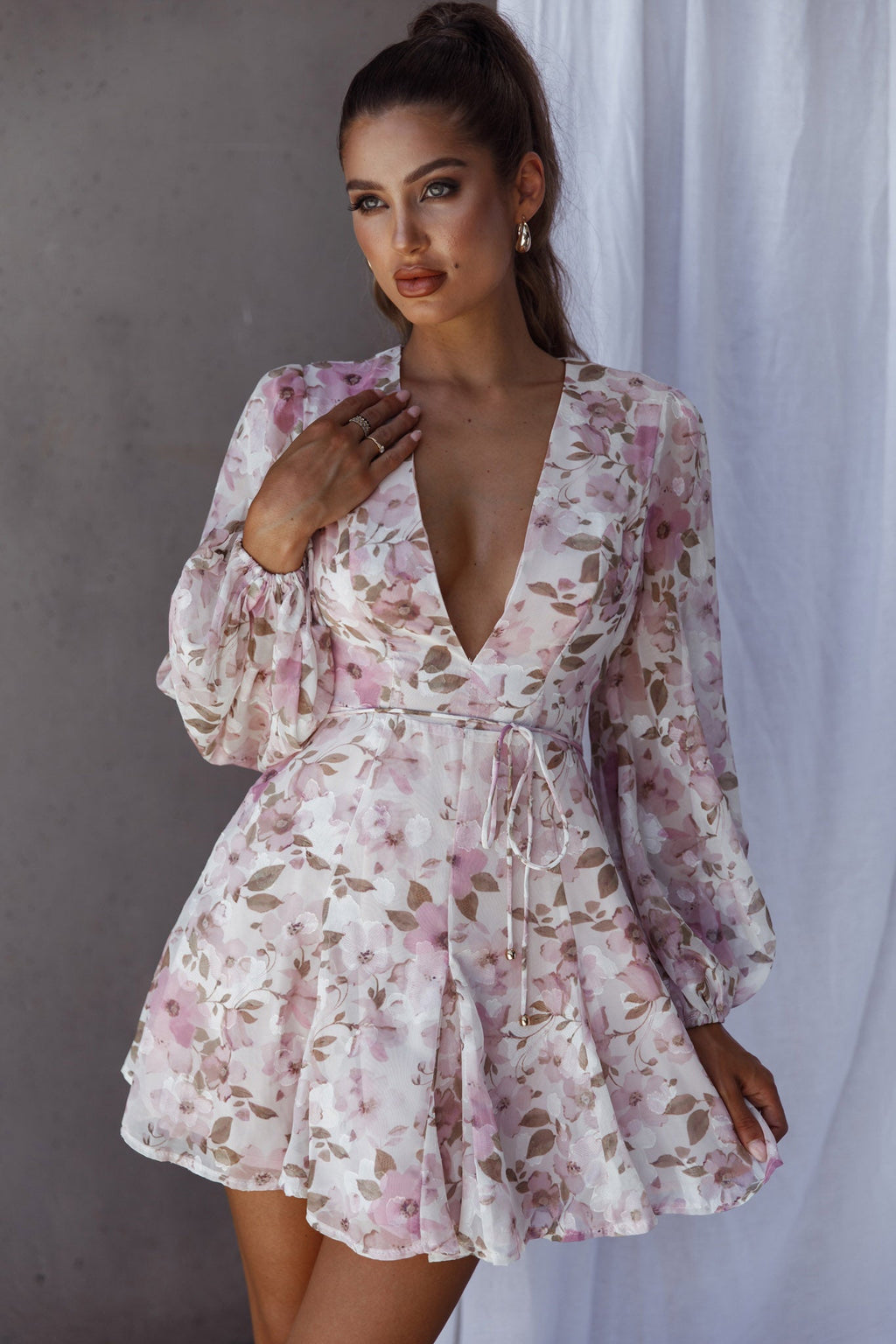Estelle Long Sleeve V-Neckline Dress Watercolor Floral Print Rose by Selfie Leslie