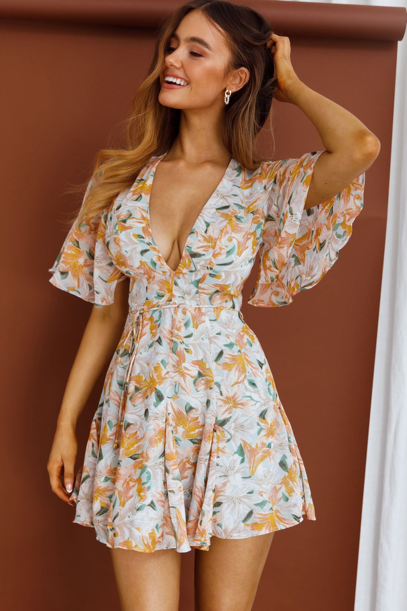 Estelle Angel Sleeve Dress Lily Print Blue by Selfie Leslie