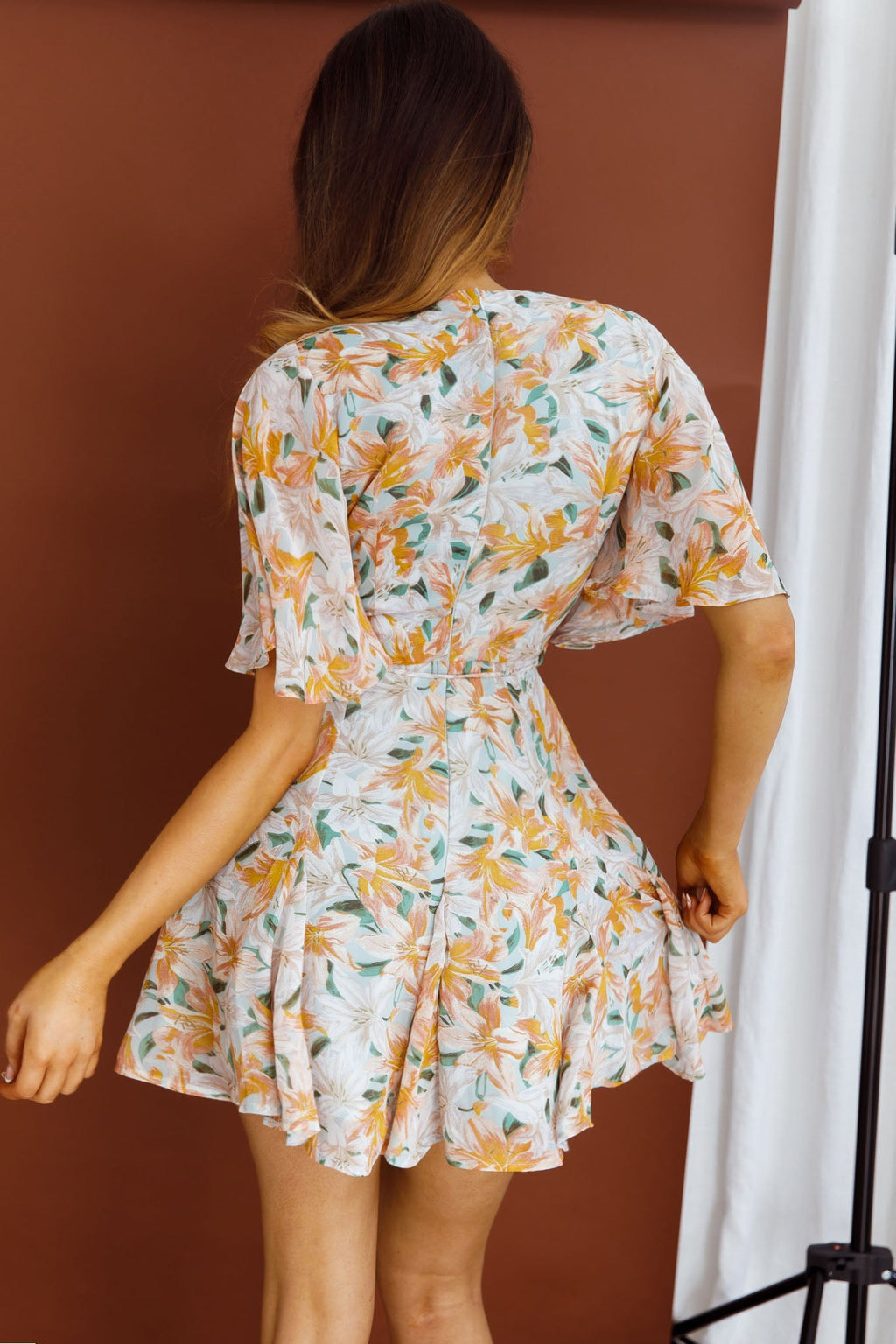 Estelle Angel Sleeve Dress Lily Print Blue by Selfie Leslie
