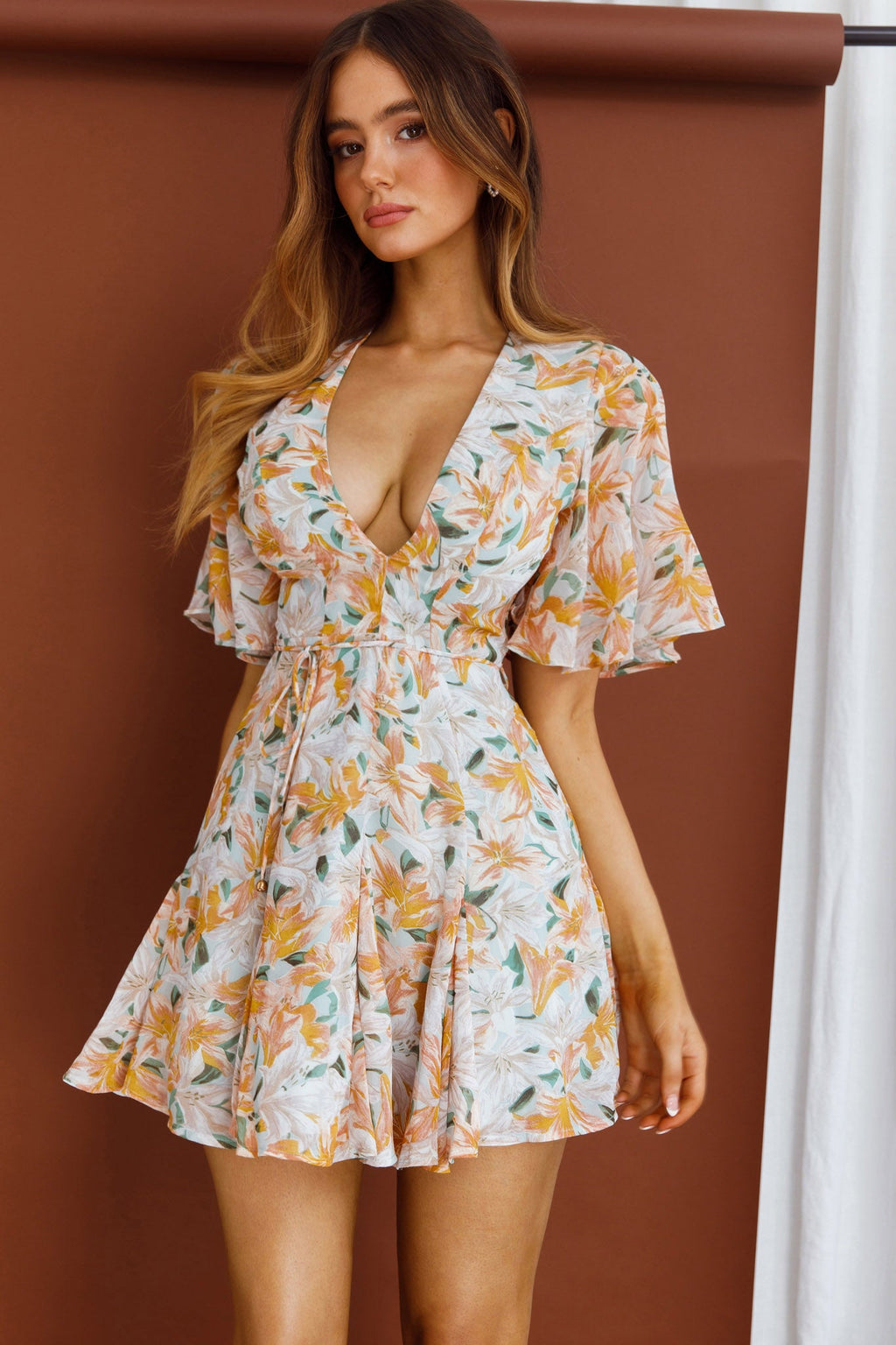 Estelle Angel Sleeve Dress Lily Print Blue by Selfie Leslie
