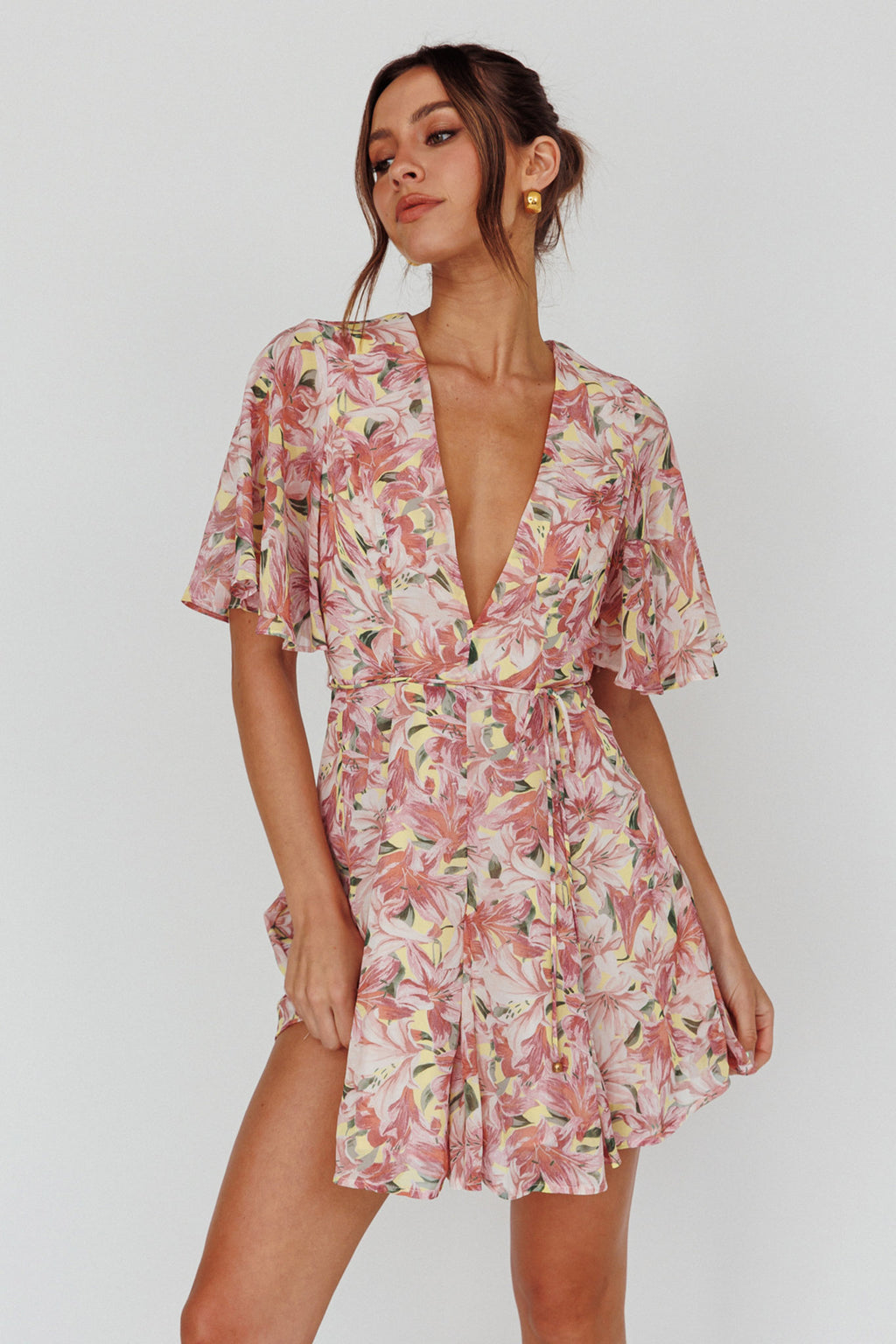 Estelle Angel Sleeve Dress Lily Print Yellow by Selfie Leslie Australia