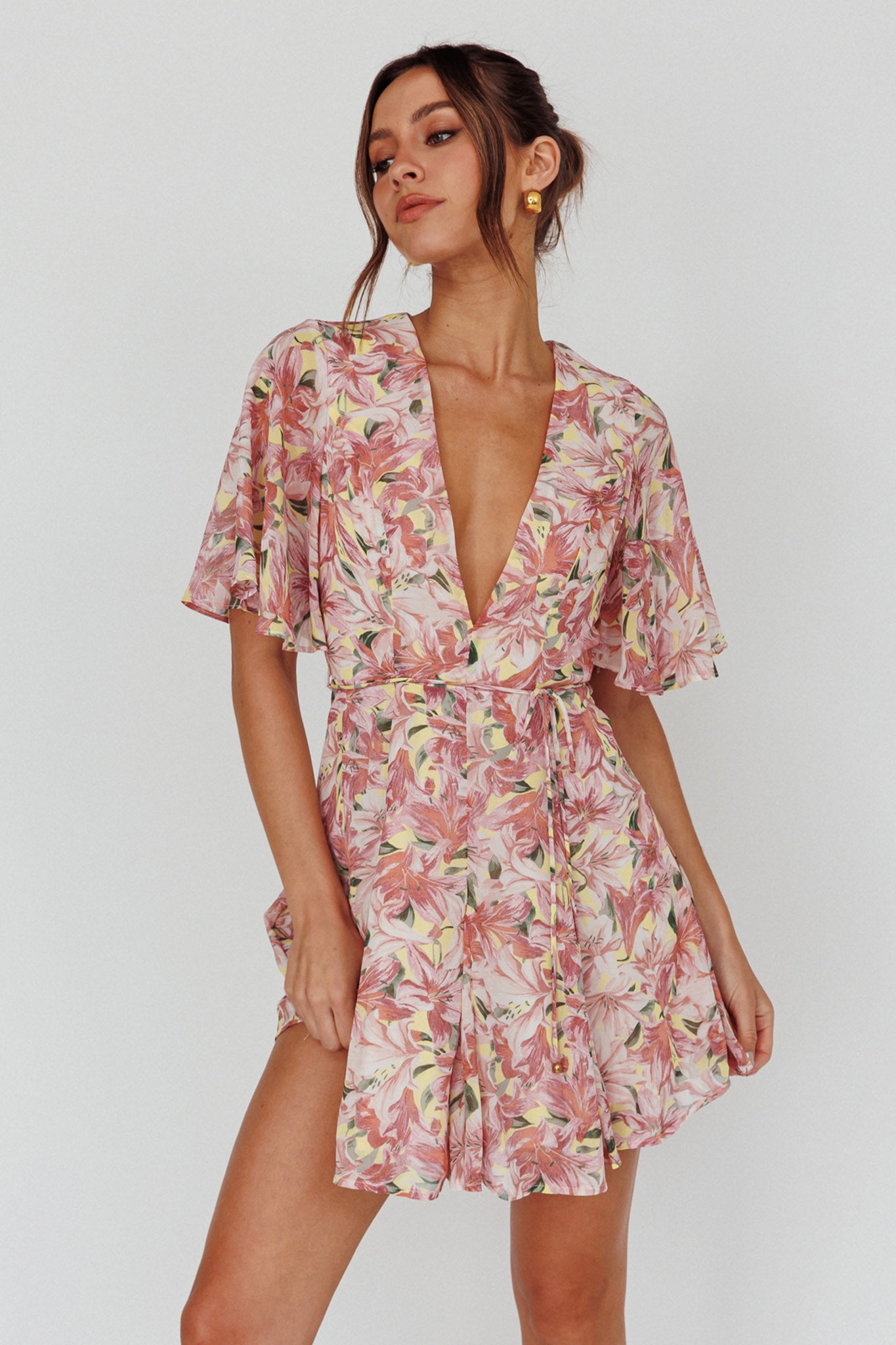 Estelle Angel Sleeve Dress Lily Print Yellow by Selfie Leslie Australia