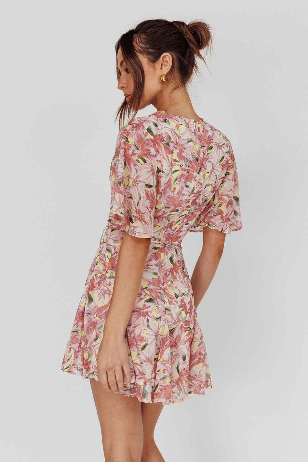 Estelle Angel Sleeve Dress Lily Print Yellow by Selfie Leslie Australia