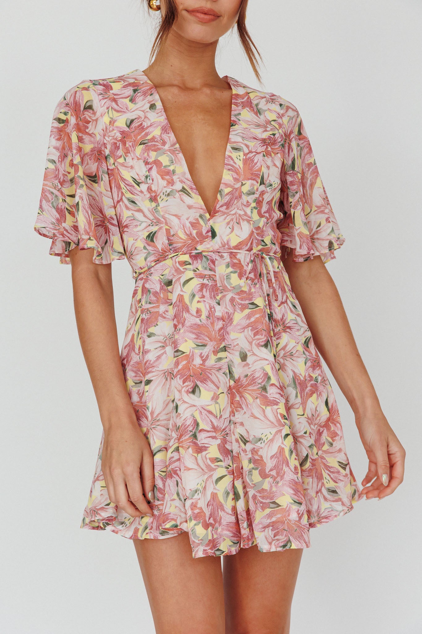 Estelle Angel Sleeve Dress Lily Print Yellow by Selfie Leslie Australia