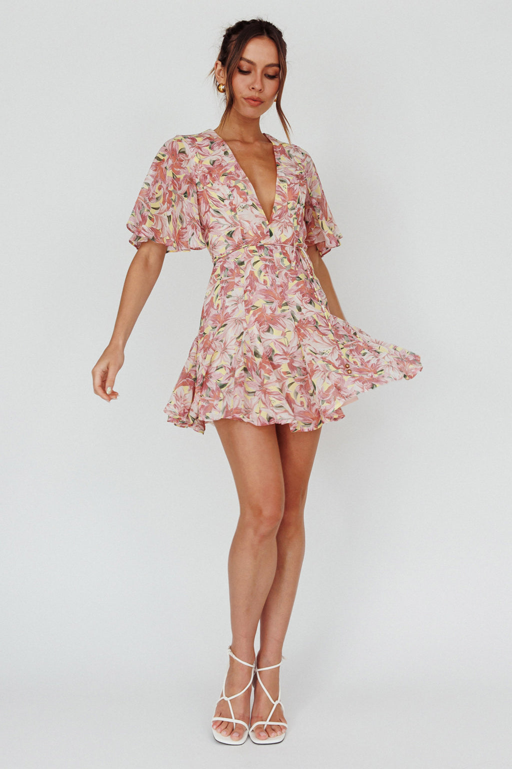 Estelle Angel Sleeve Dress Lily Print Yellow by Selfie Leslie Australia