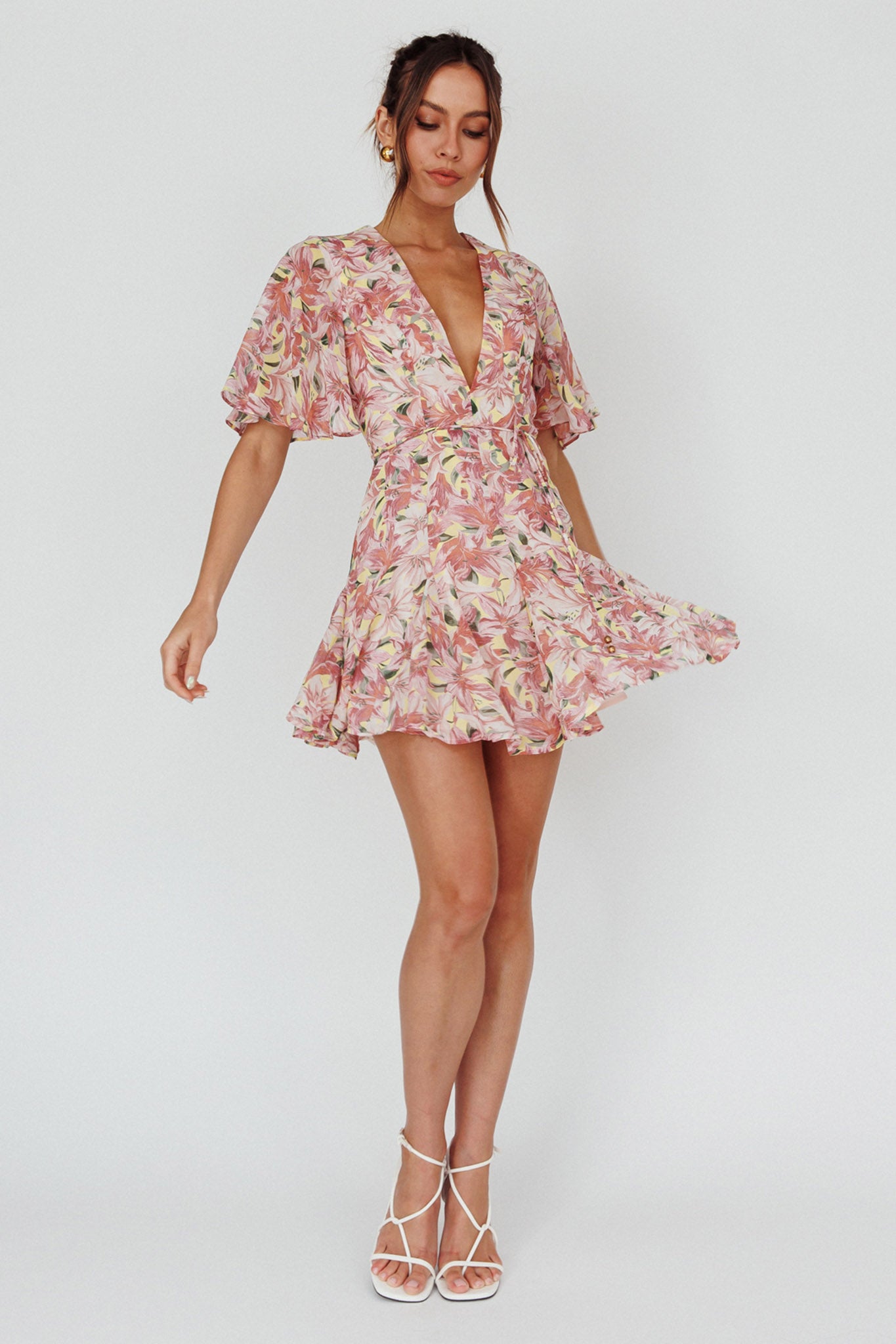 Estelle Angel Sleeve Dress Lily Print Yellow by Selfie Leslie Australia