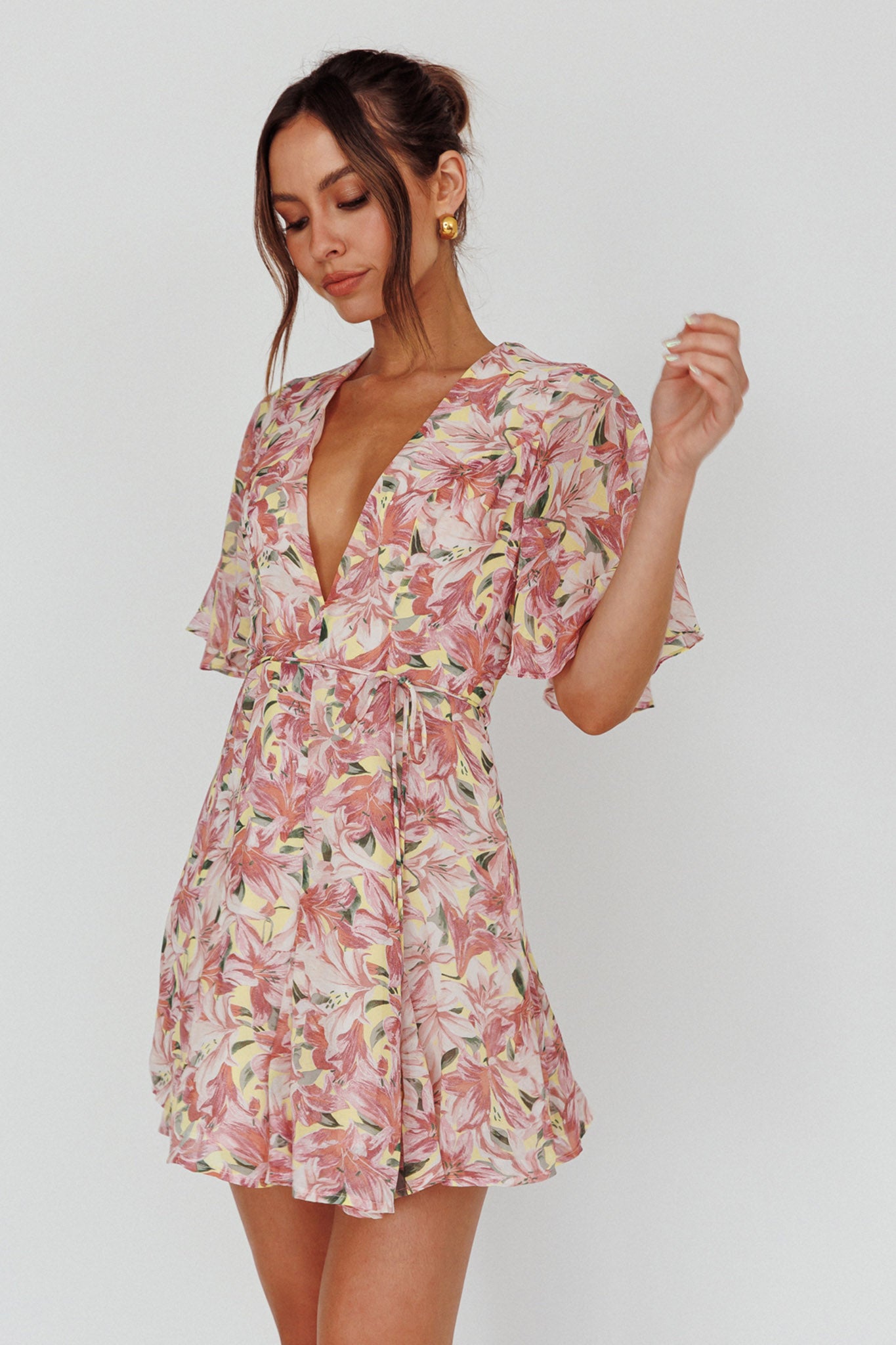Estelle Angel Sleeve Dress Lily Print Yellow by Selfie Leslie Australia