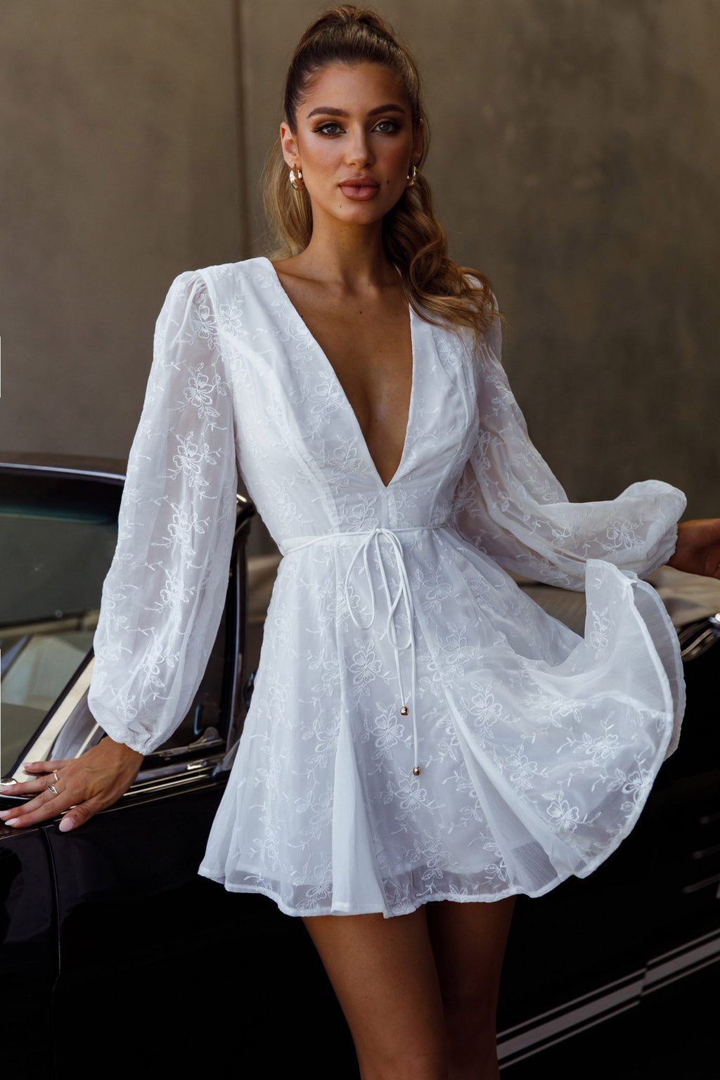 Estelle Long Sleeve V-Neckline Dress Embroidered White by Selfie Leslie