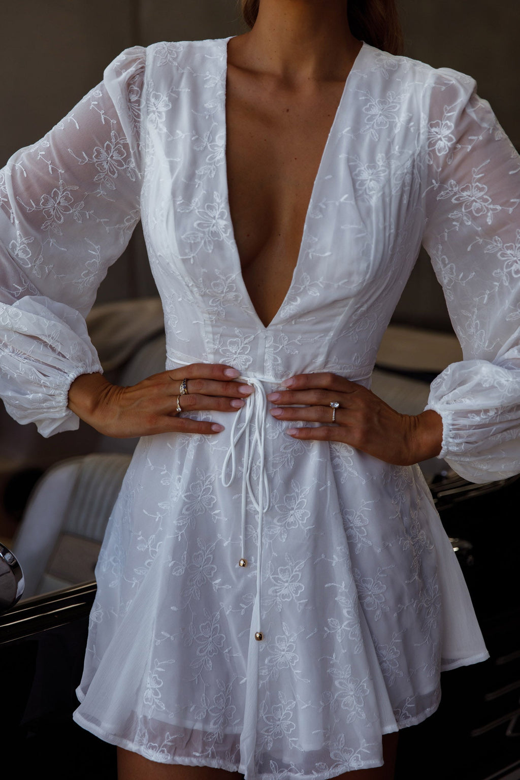 Estelle Long Sleeve V-Neckline Dress Embroidered White by Selfie Leslie