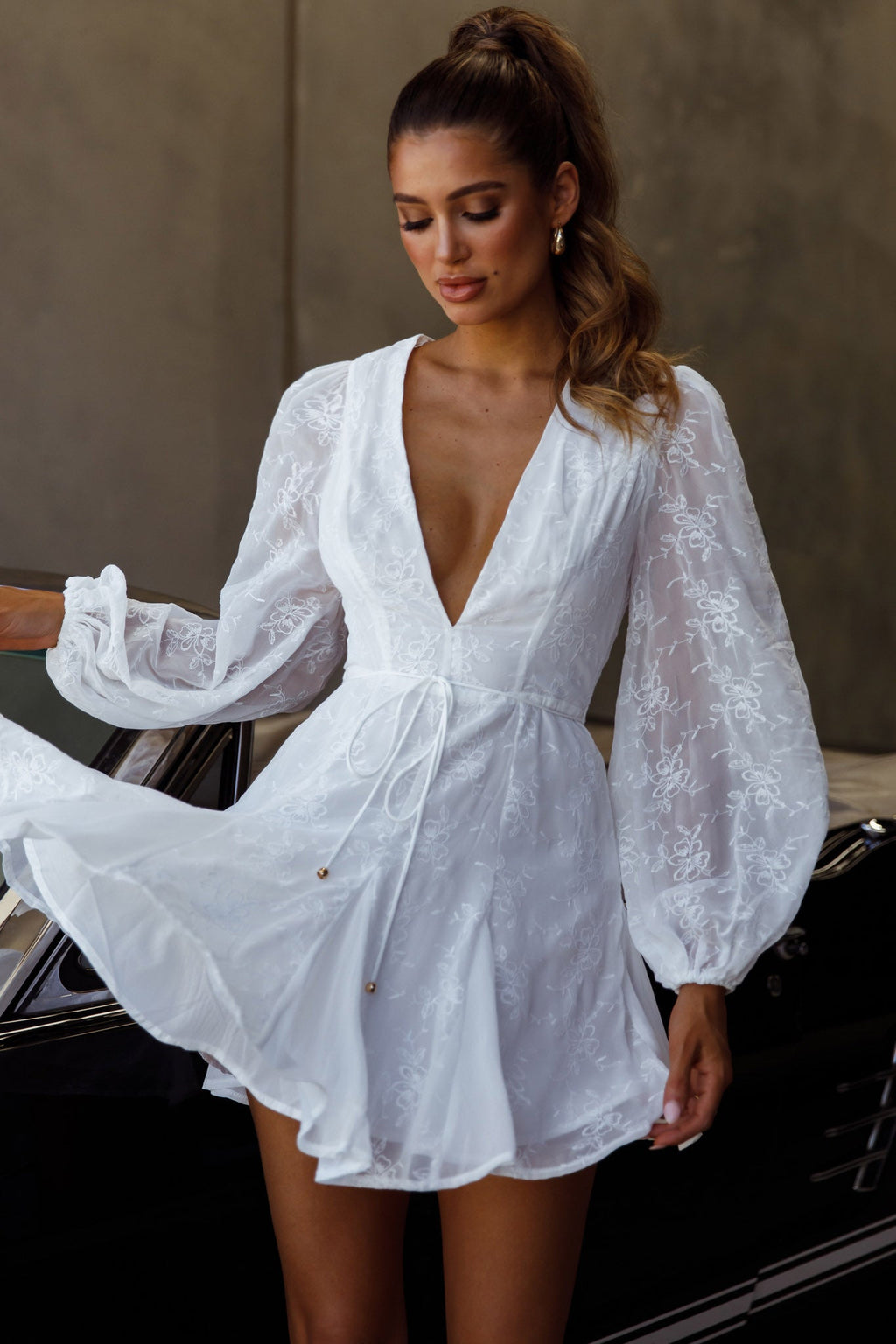 Estelle Long Sleeve V-Neckline Dress Embroidered White by Selfie Leslie