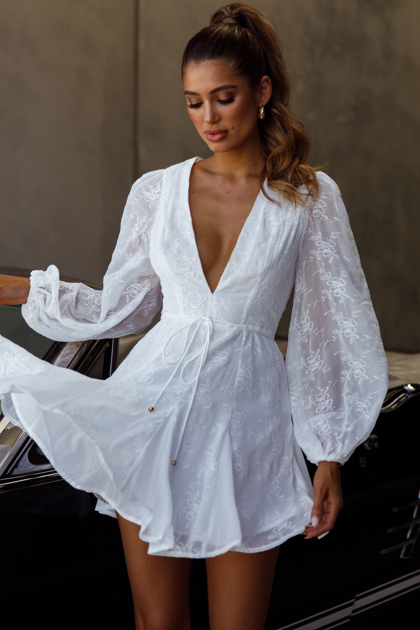 Estelle Long Sleeve V-Neckline Dress Embroidered White by Selfie Leslie
