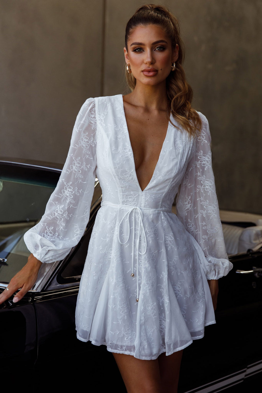 Estelle Long Sleeve V-Neckline Dress Embroidered White by Selfie Leslie