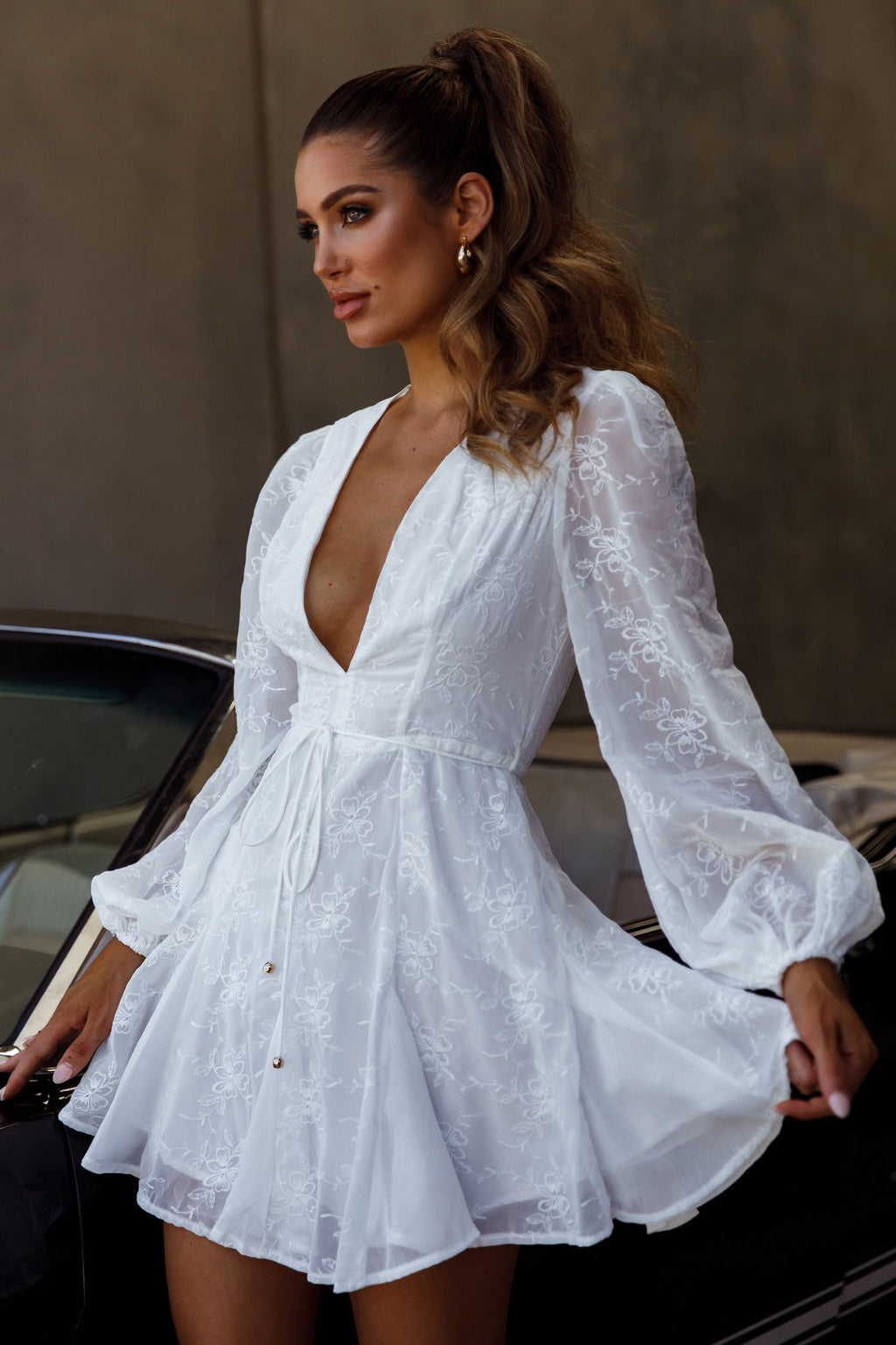 Estelle Long Sleeve V-Neckline Dress Embroidered White by Selfie Leslie