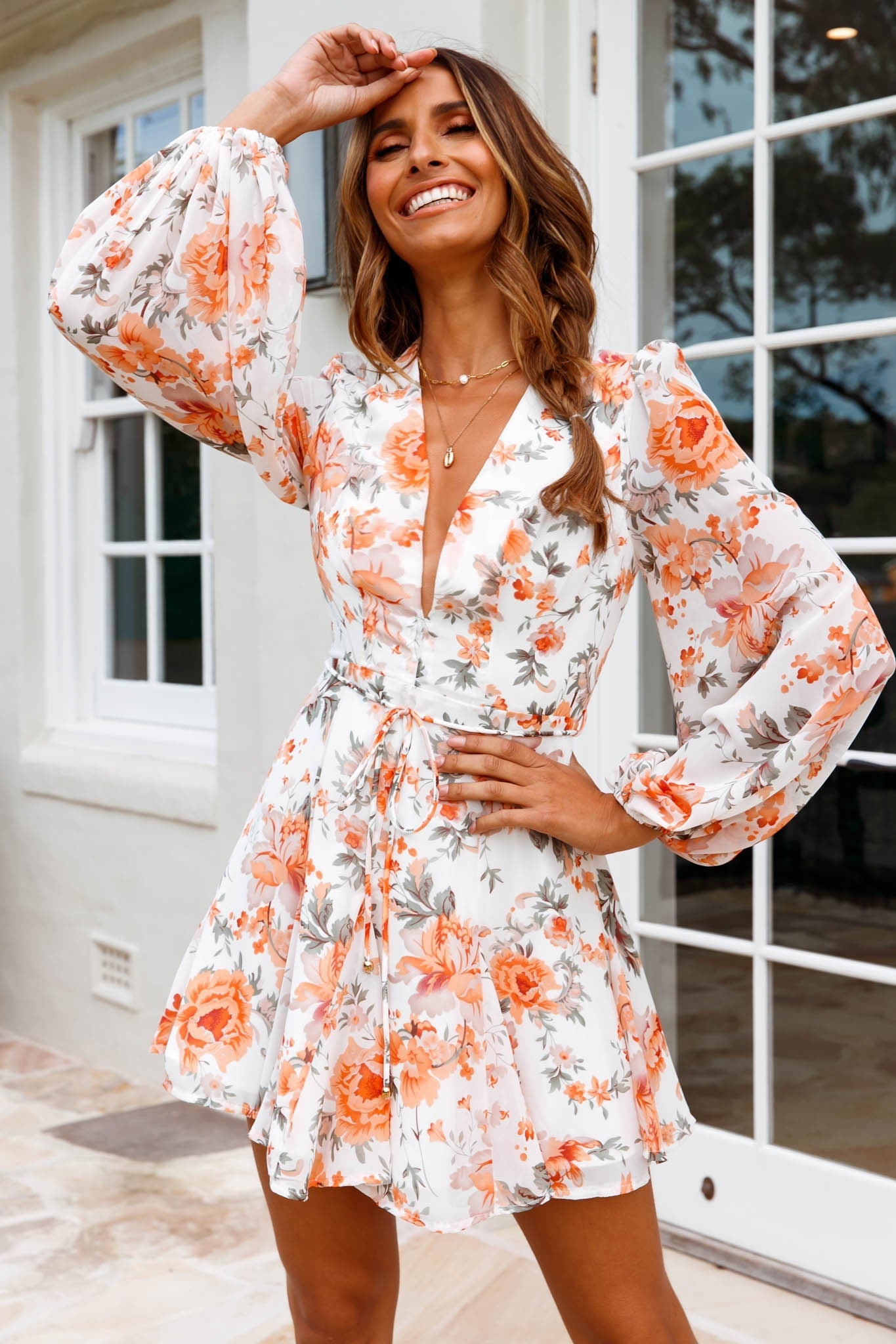 Estelle Long Sleeve V-Neckline Dress Floral Print Orange by Selfie Leslie