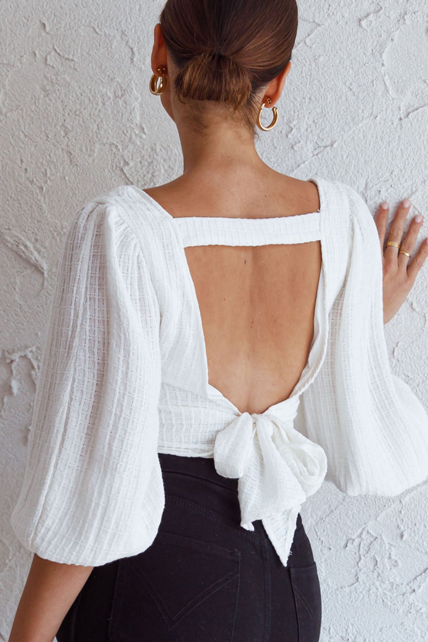 Love Like This Balloon Sleeve Open Back Crop Top Textured White by Selfie Leslie