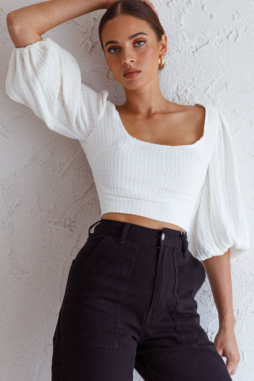 Love Like This Balloon Sleeve Open Back Crop Top Textured White by Selfie Leslie