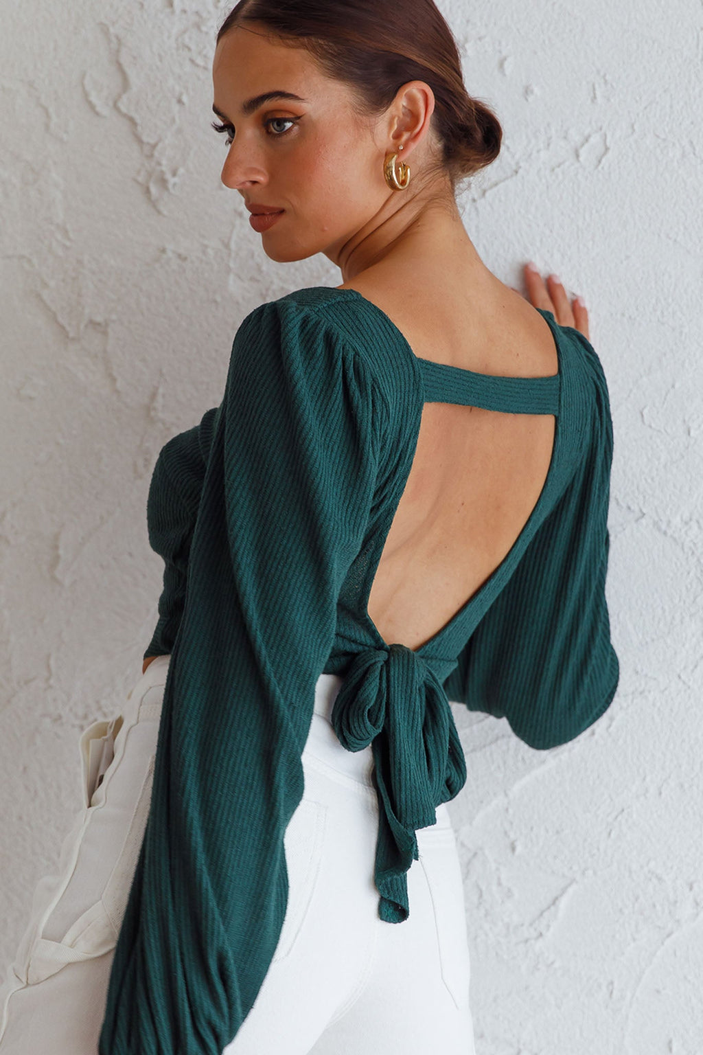 Love Like This Balloon Sleeve Open Back Crop Top Emerald Green by Selfie Leslie