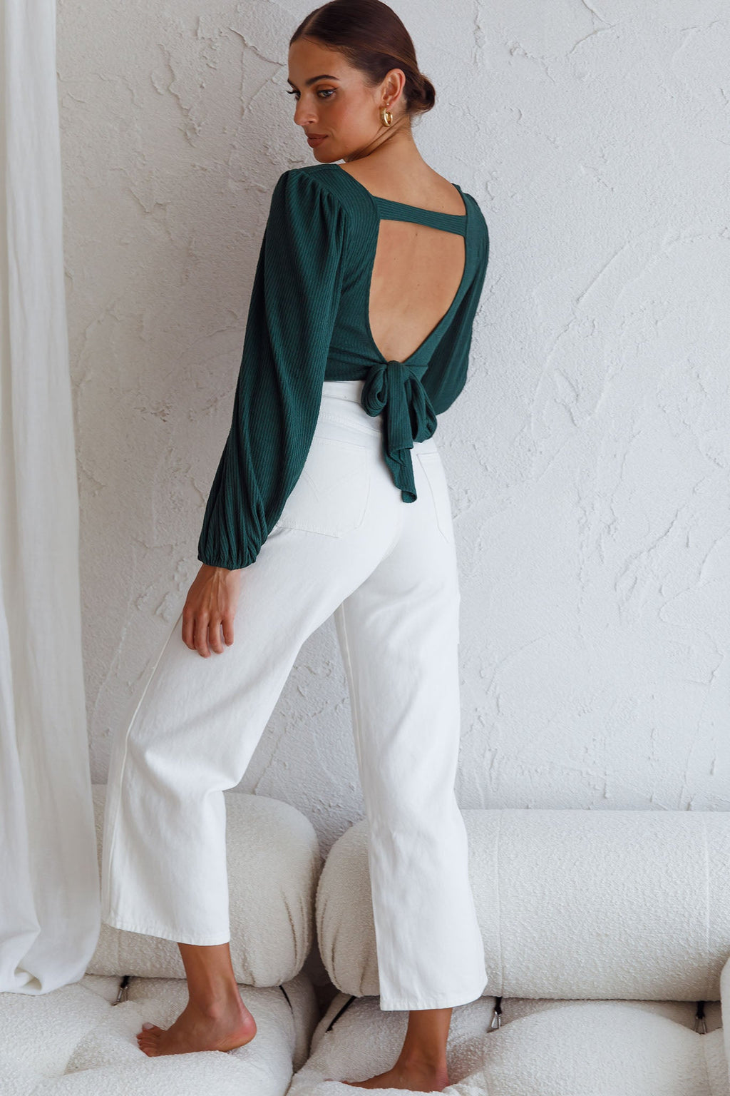 Love Like This Balloon Sleeve Open Back Crop Top Emerald Green by Selfie Leslie