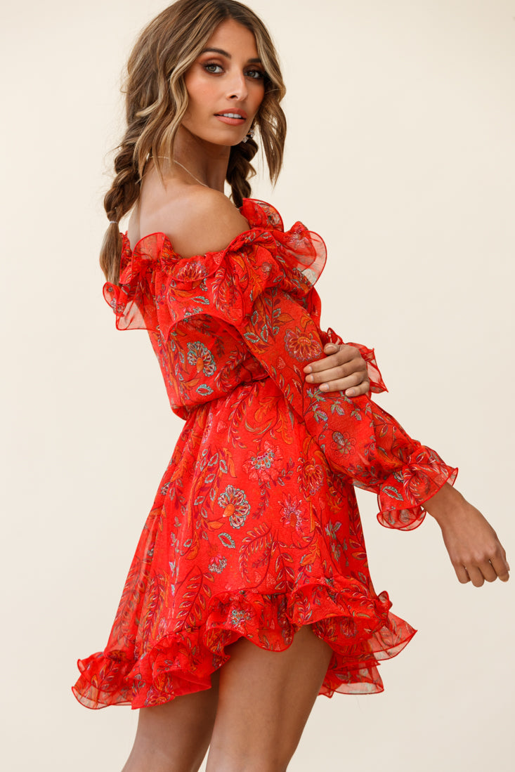 Rhiannon Off-Shoulder Lettuce Frill Dress Floral Print Red by Selfie Leslie