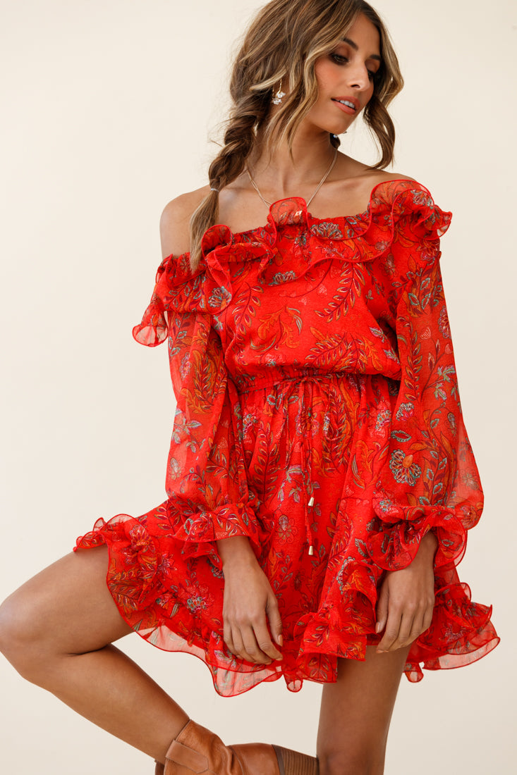 Rhiannon Off-Shoulder Lettuce Frill Dress Floral Print Red by Selfie Leslie