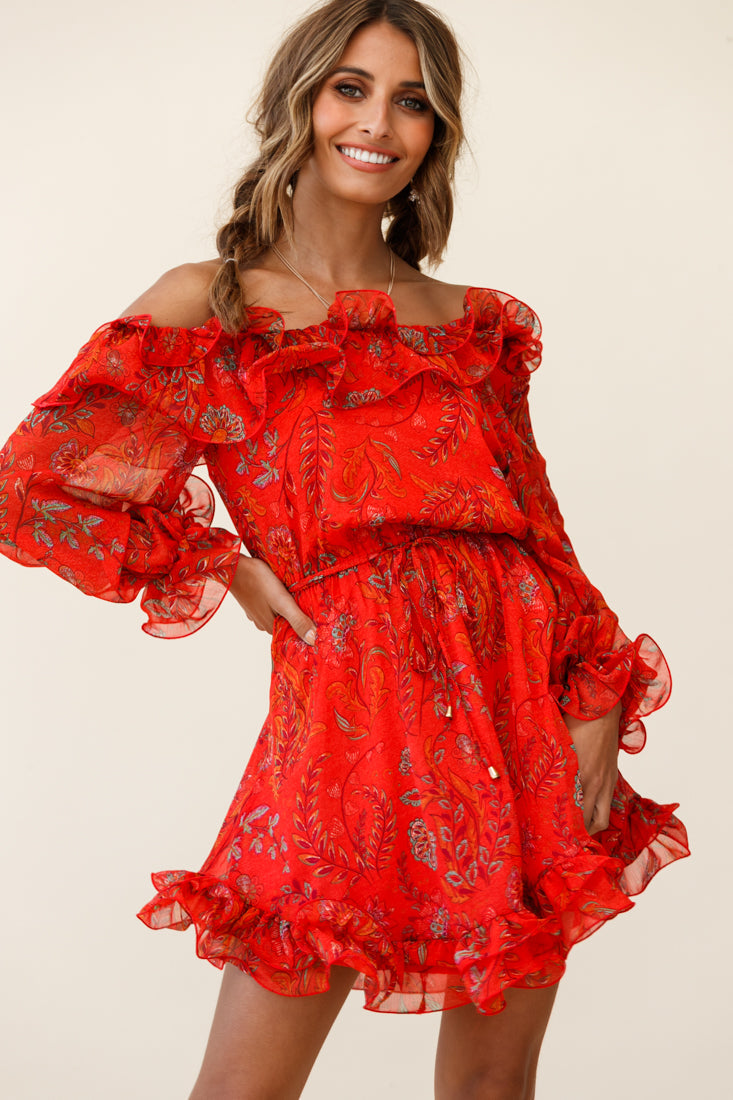 Rhiannon Off-Shoulder Lettuce Frill Dress Floral Print Red by Selfie Leslie