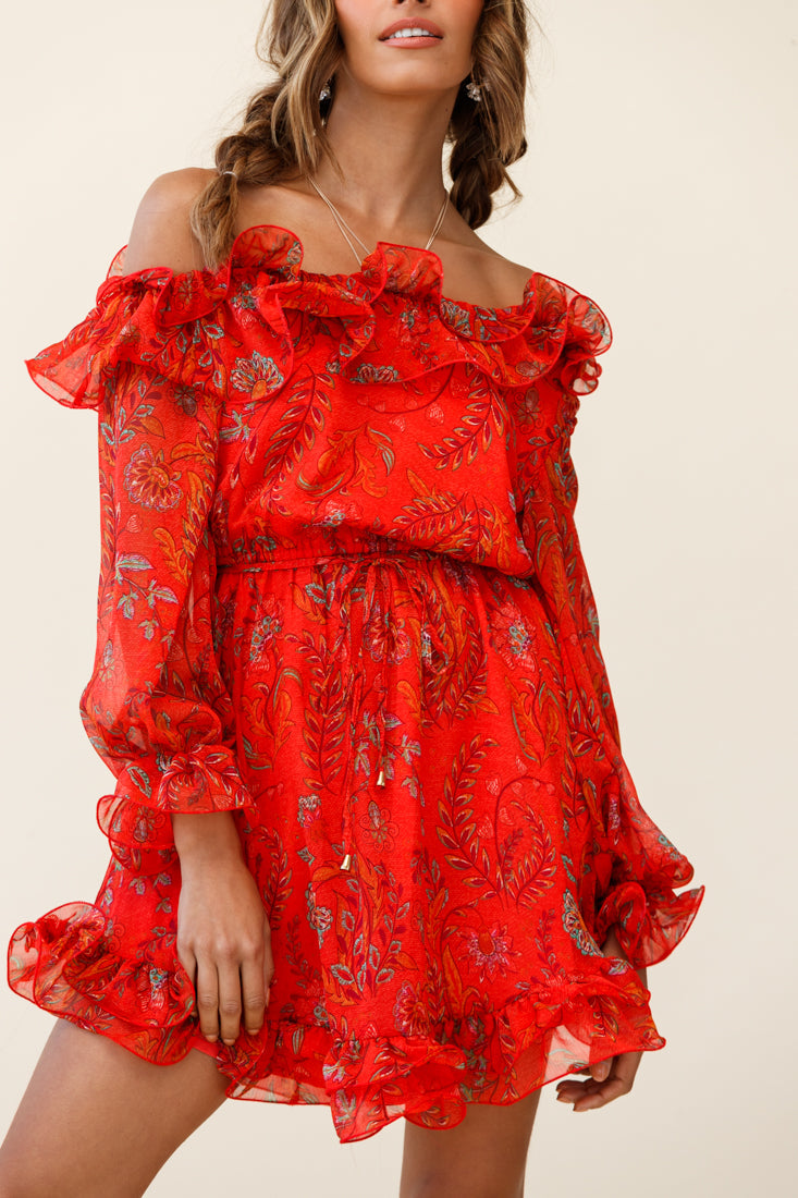 Rhiannon Off-Shoulder Lettuce Frill Dress Floral Print Red by Selfie Leslie
