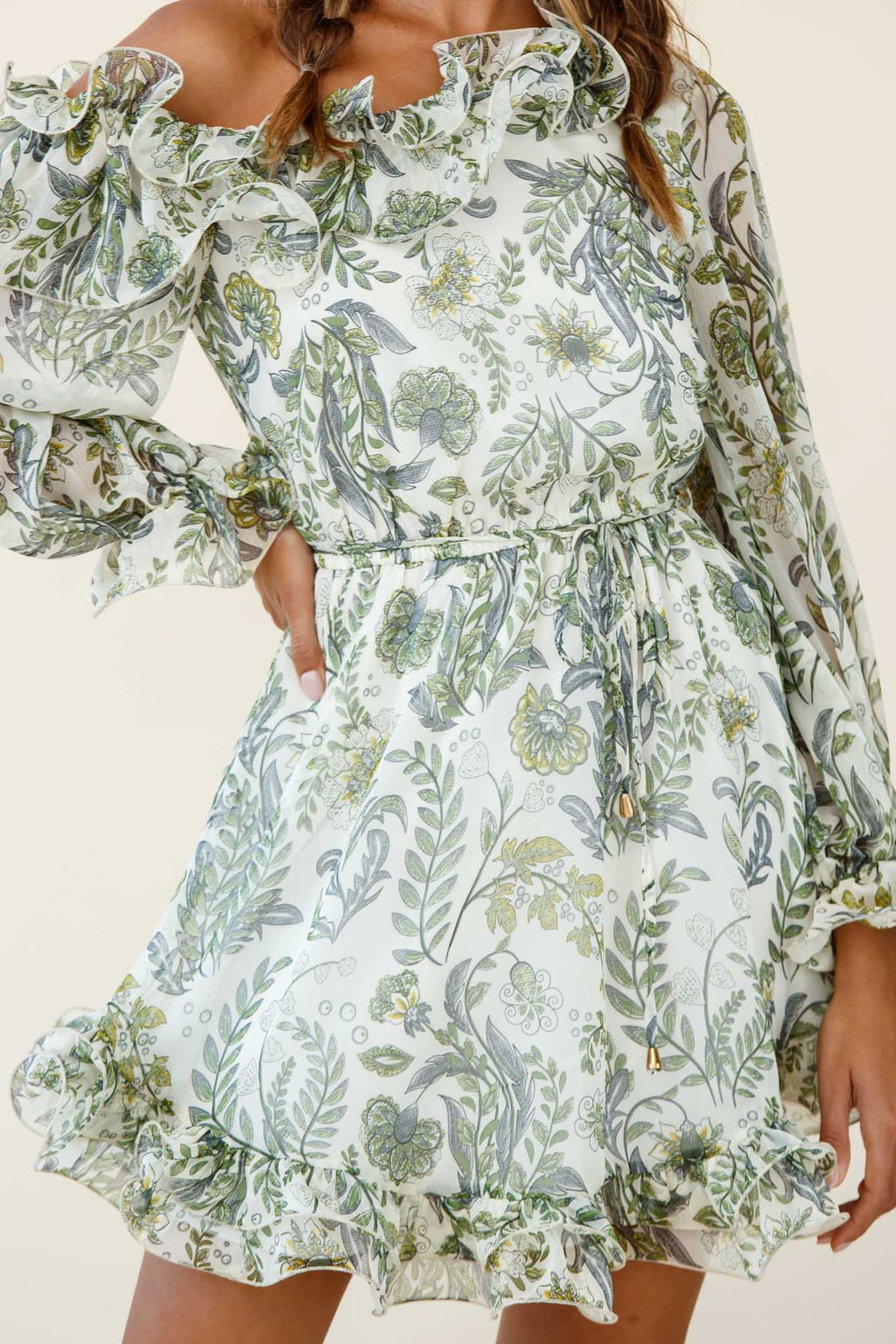 Rhiannon Off-Shoulder Lettuce Frill Dress Floral Print White by Selfie Leslie