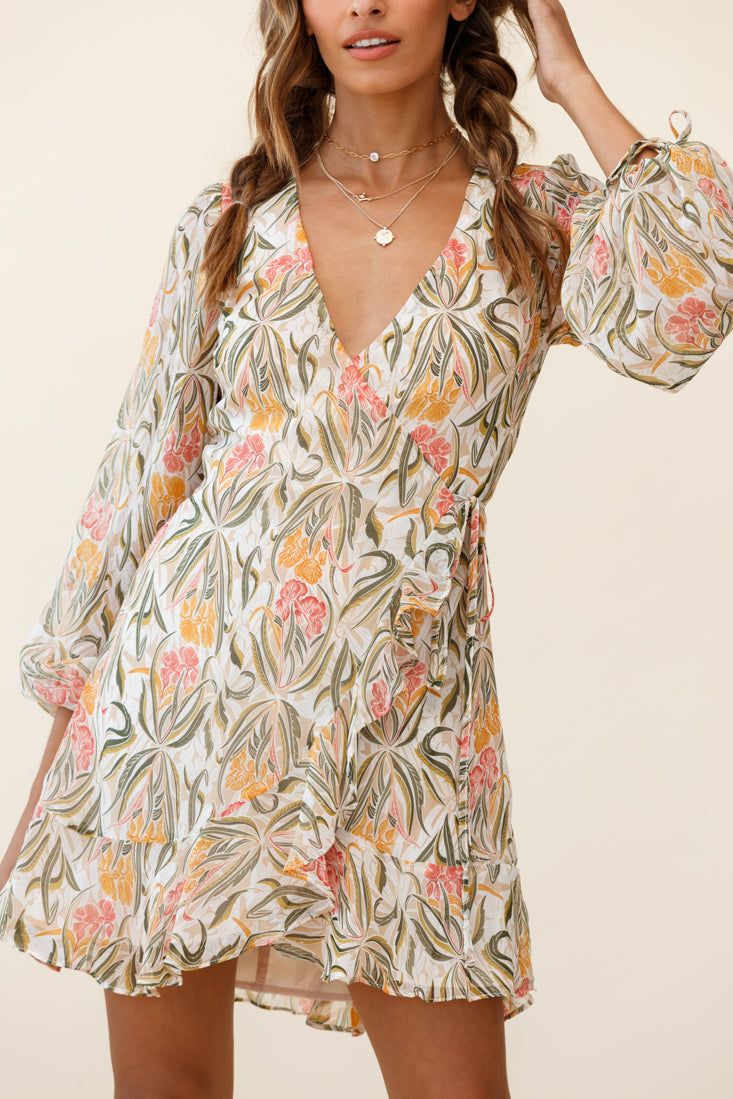 Hartley Balloon Sleeve Wrap Dress Floral Print Green by Selfie Leslie