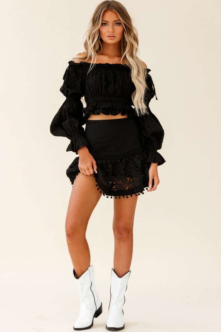 Adrielle Lace Detail Fluted Hem Mini Skirt Black by Selfie Leslie
