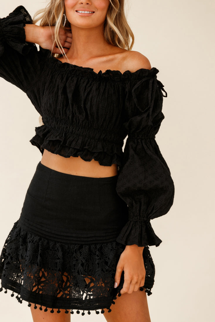 Adrielle Lace Detail Fluted Hem Mini Skirt Black by Selfie Leslie