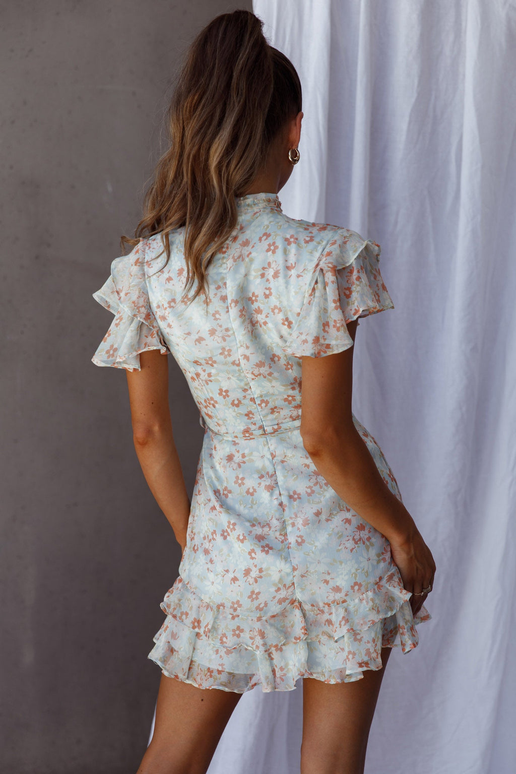 Lark High Neck Ruffle Sleeve Dress Flower Print Aqua by Selfie Leslie