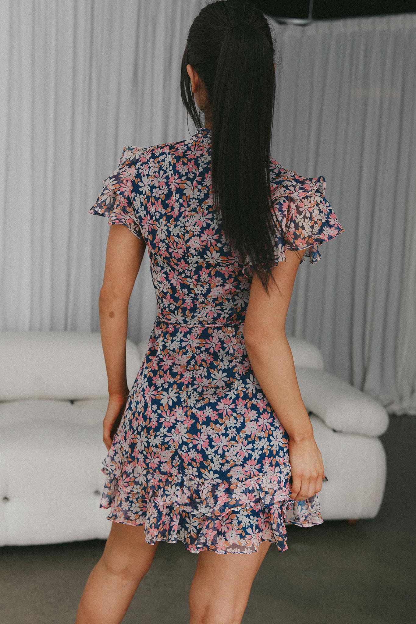Lark High Neck Ruffle Sleeve Dress Flower Print Navy by Selfie Leslie