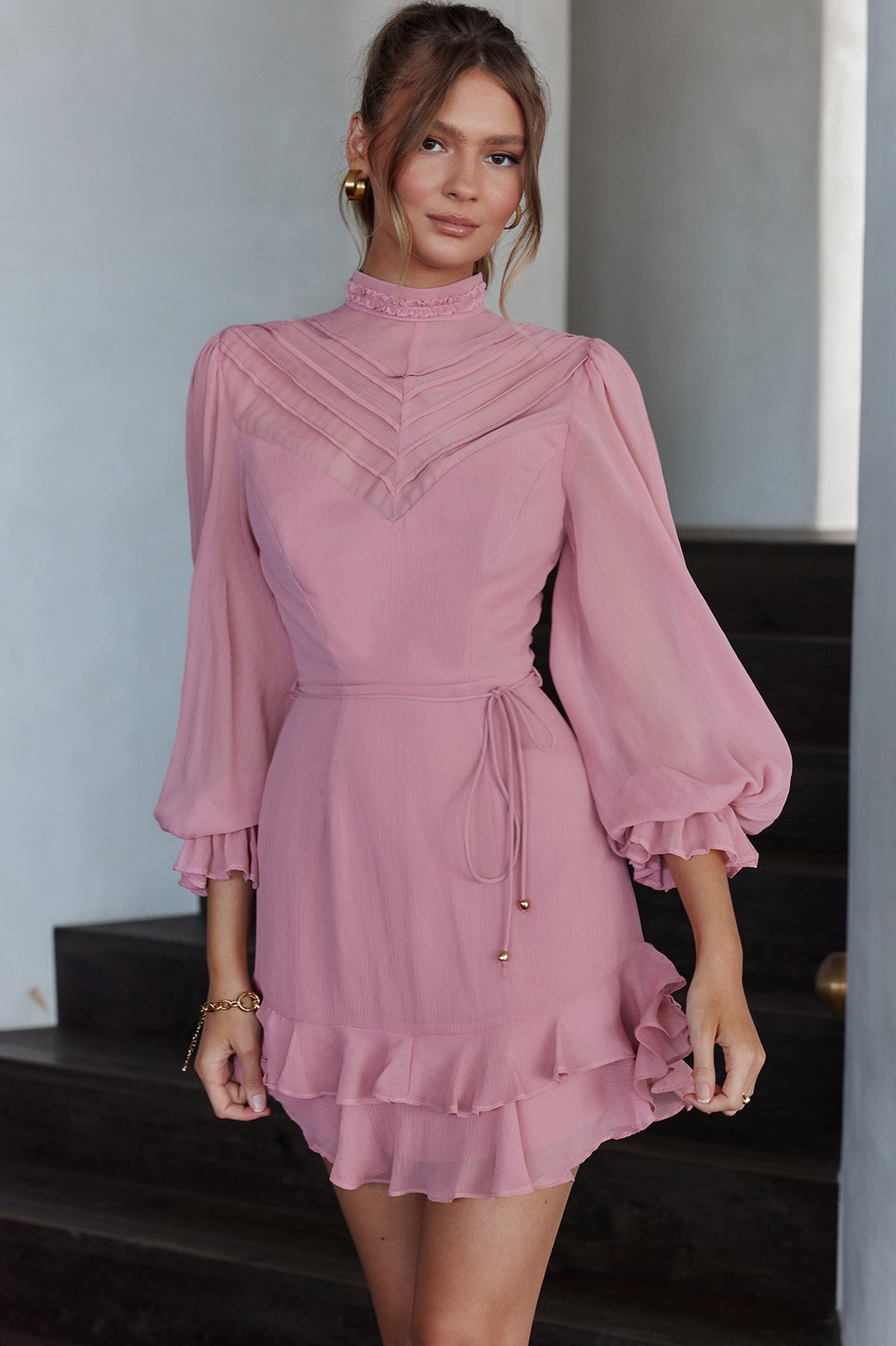 Lark High Neck Balloon Sleeve Dress Blush by Selfie Leslie