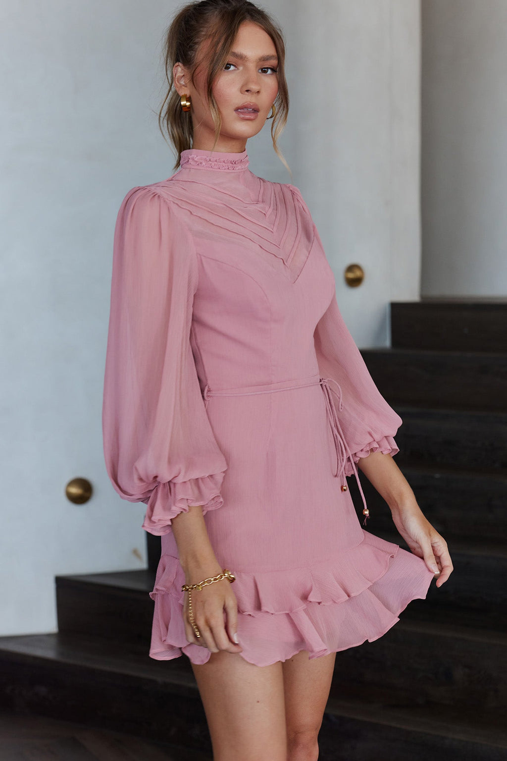 Lark High Neck Balloon Sleeve Dress Blush by Selfie Leslie