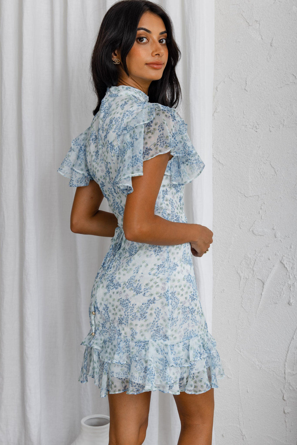 Lark High Neck Ruffle Sleeve Dress Clover Print Blue by Selfie Leslie